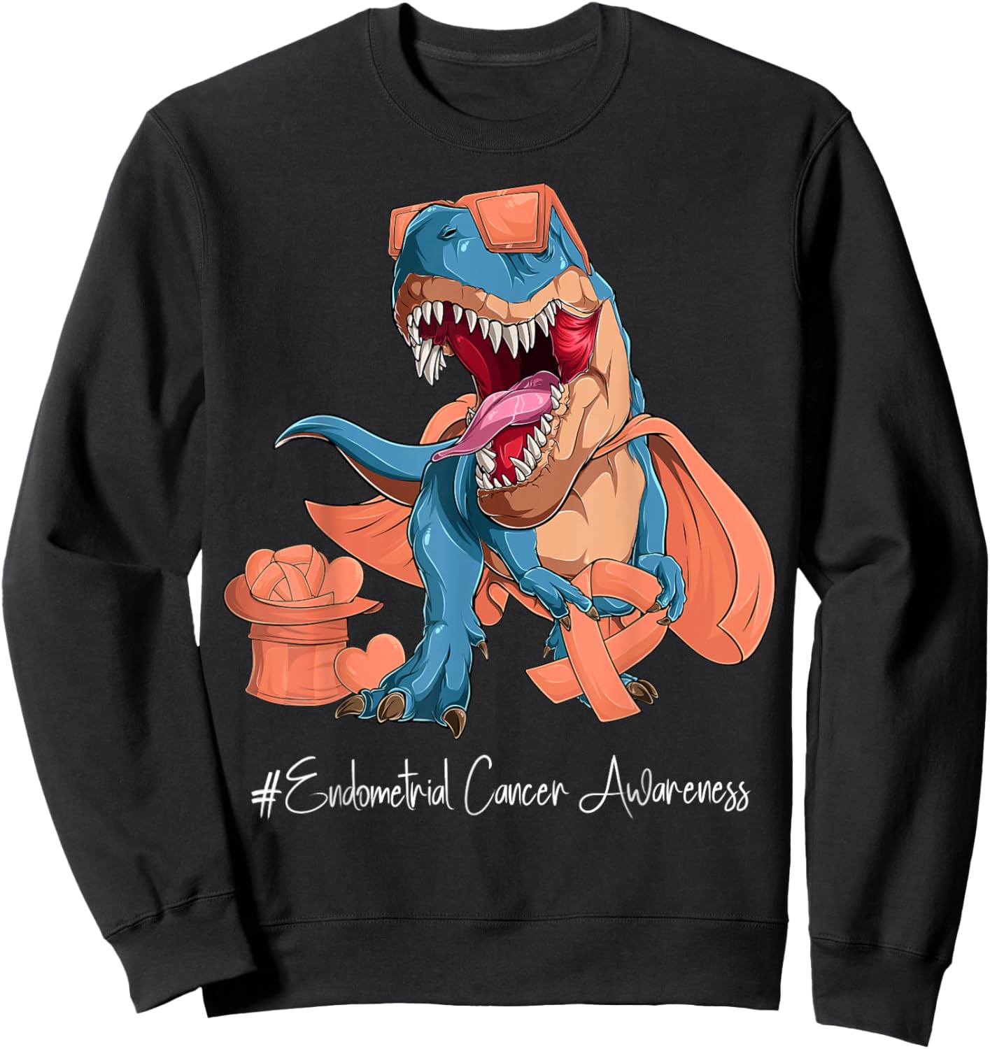 Endometrial Cancer Awareness Month Peach Ribbon Trex Sweatshirt - Sweatshirt | Black