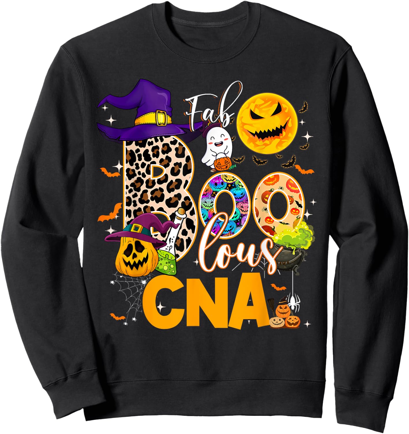 Fab Boo Lous CNA Nurse Nursing Halloween Leopard Pumpkin Sweatshirt - Sweatshirt | Black