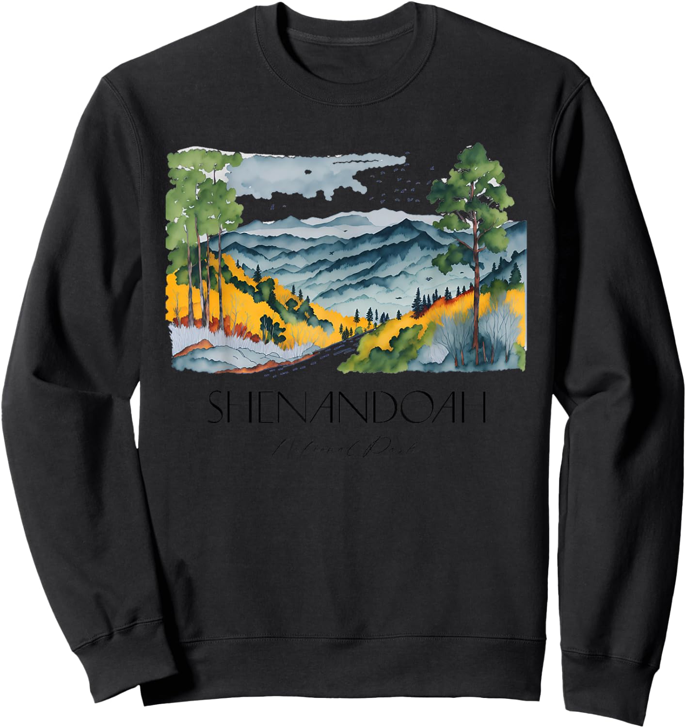 Cool Shenandoah National Park Hiking Watercolor Graphic Sweatshirt - Sweatshirt | Black