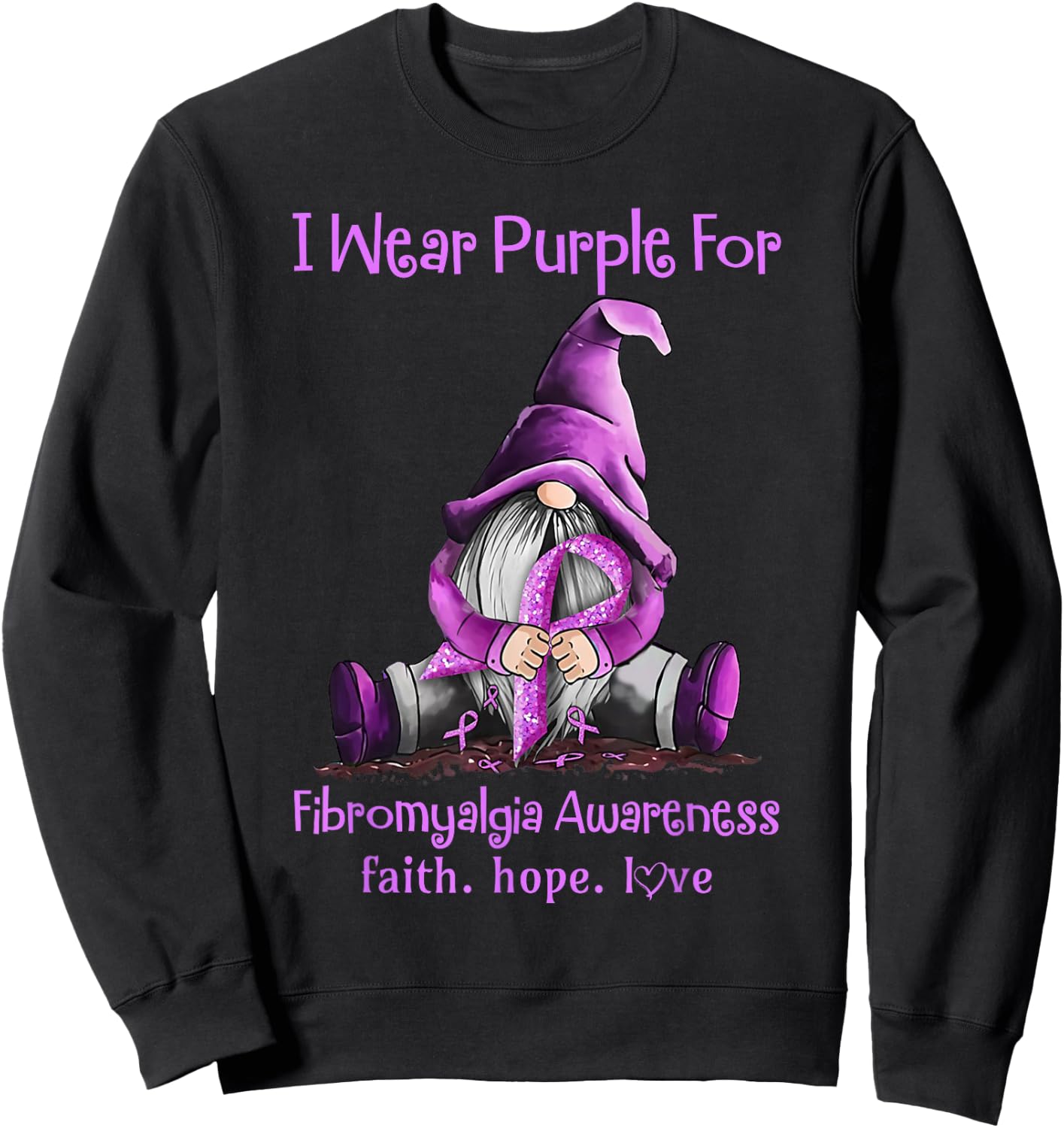 I Wear Purple Gnomes Ribbon Fibromyalgia Awareness Sweatshirt - Sweatshirt | Black