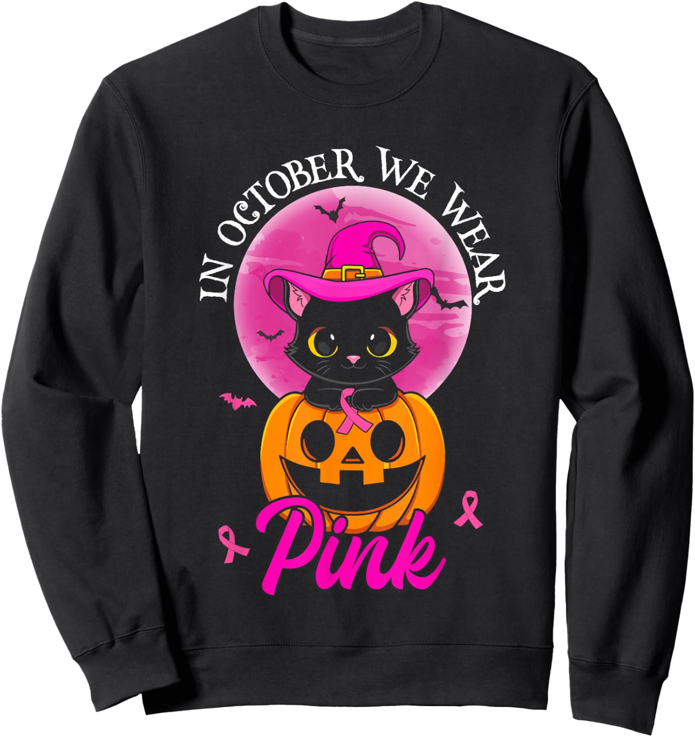 In October We Wear Pink Witch Cat Halloween Breast Cancer Women Girls Kids Sweatshirt - Sweatshirt | Black