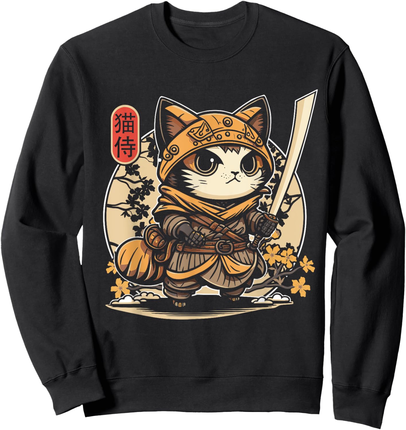 Japanese Samurai Cat Tattoo, Kawaii Ninja Cat Sweatshirt - Sweatshirt | Black