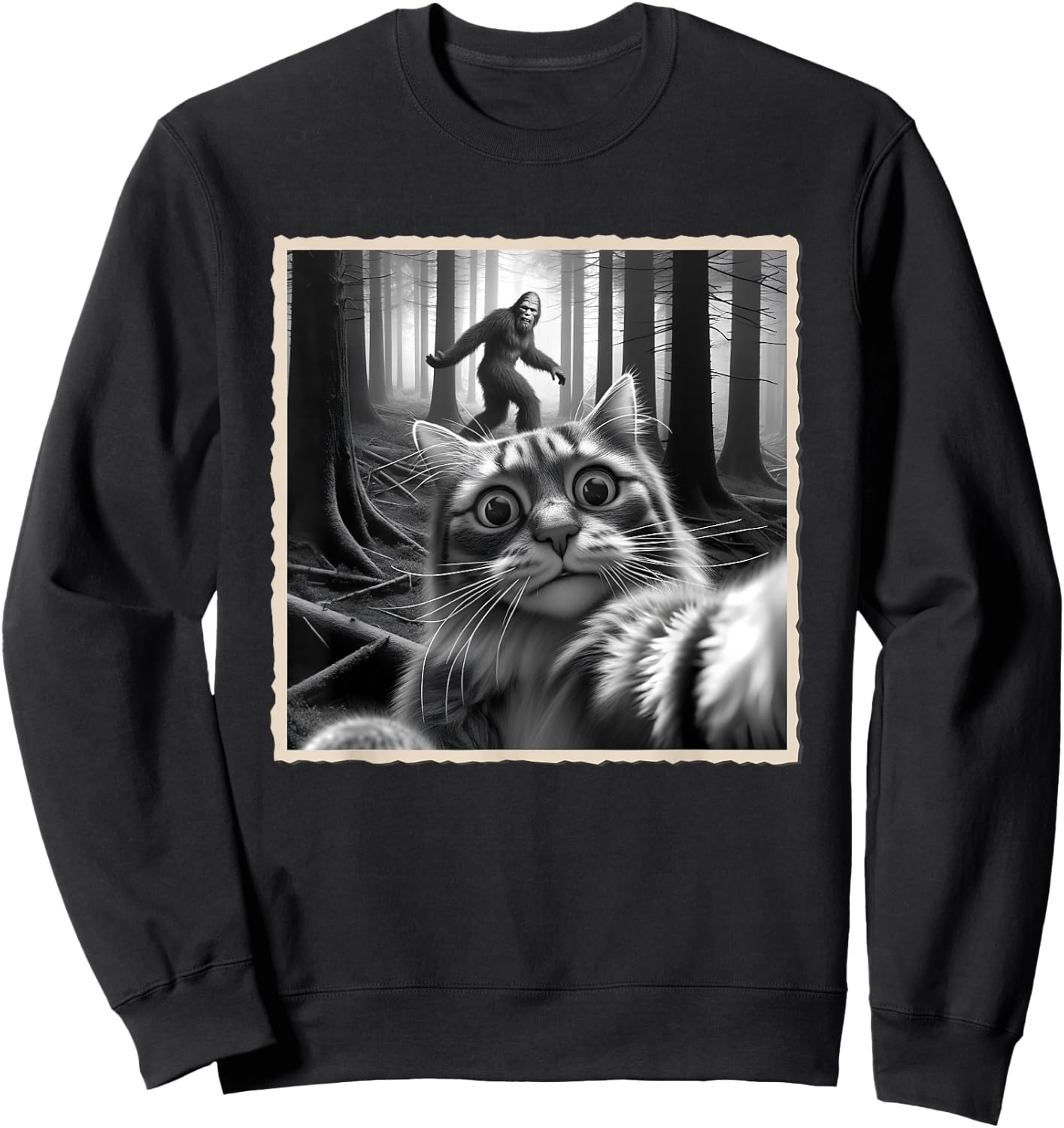 Funny Cat Selfie with Bigfoot, Sasquatch & Humor, Funny Cat Sweatshirt - Sweatshirt | Black
