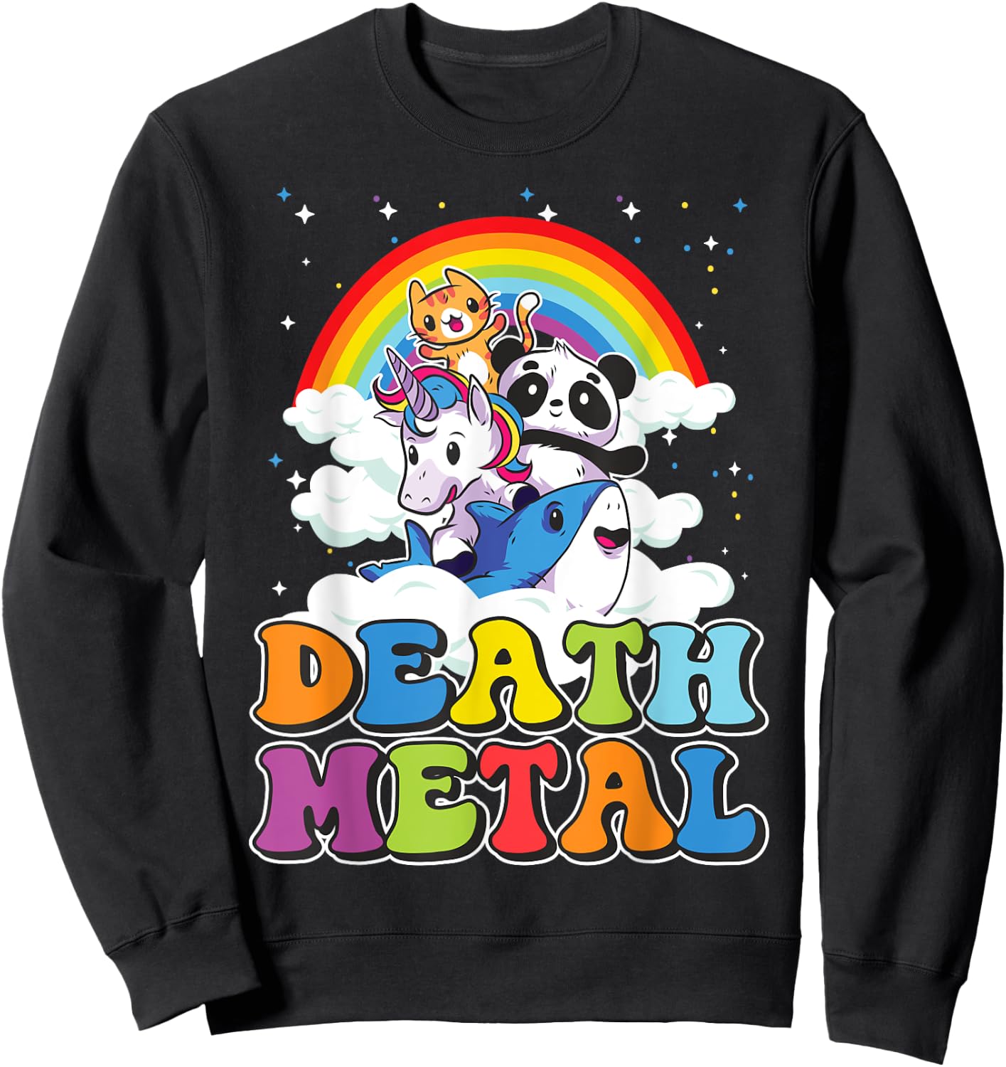 Retro Death Metal Cat Rainbow Unicorn Funny Heavy Metal Sweatshirt - Sweatshirt | Black