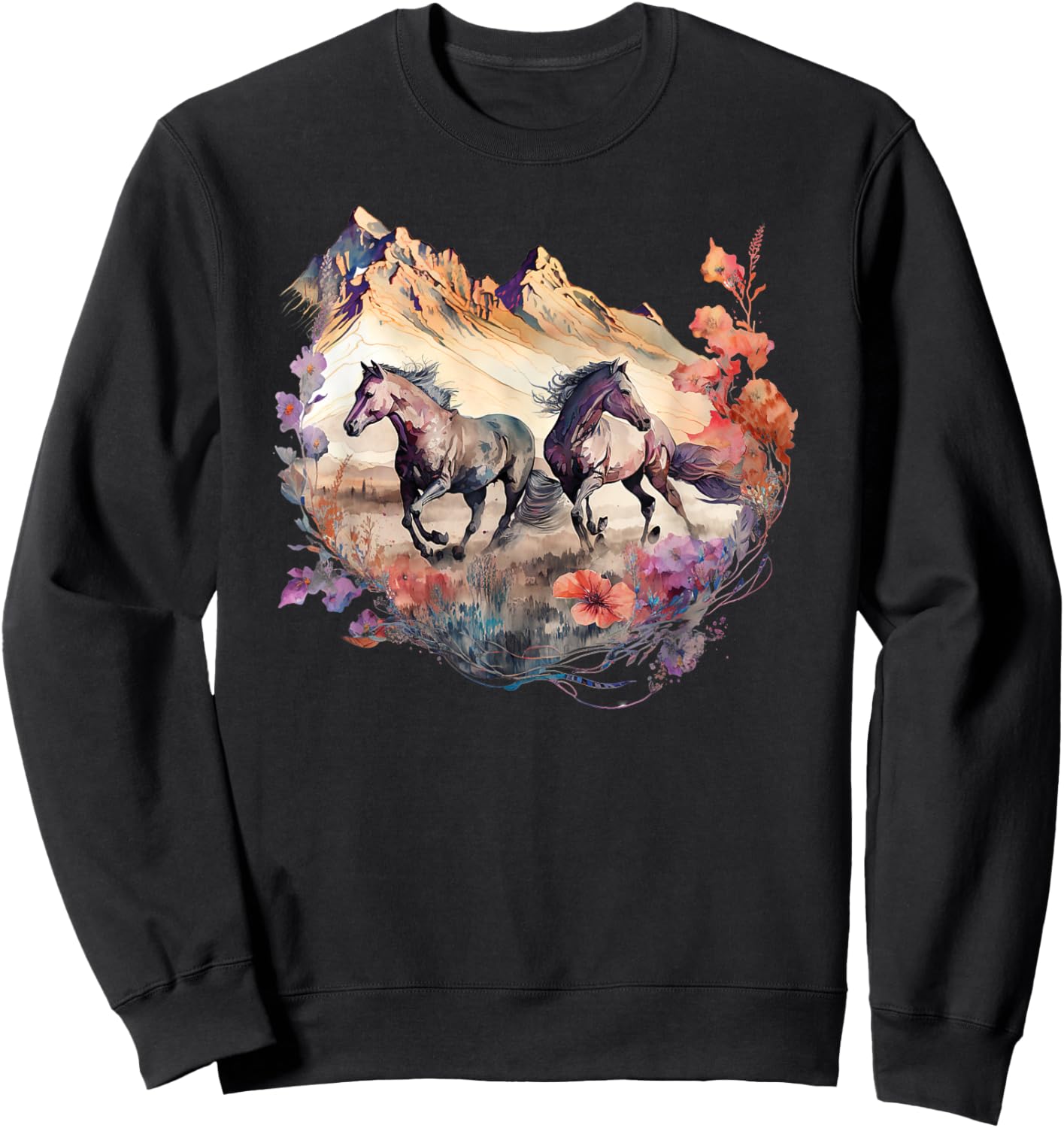 Horses Flowers Mountain Boho Western Southern Cowgirl Sweatshirt - Sweatshirt | Black