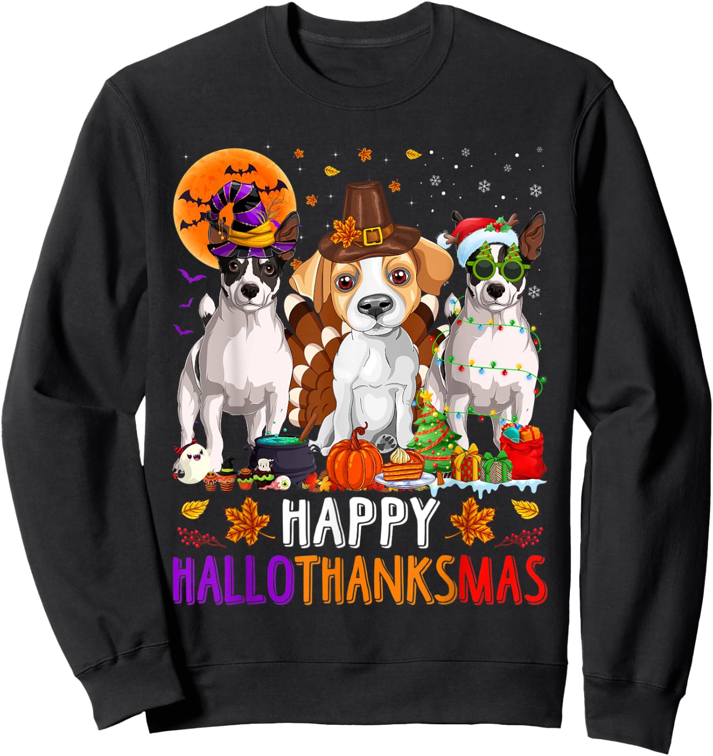 Happy Hallothanksmas Jack Russell Terrier Dog Halloween Xmas Sweatshirt - Sweatshirt | Black