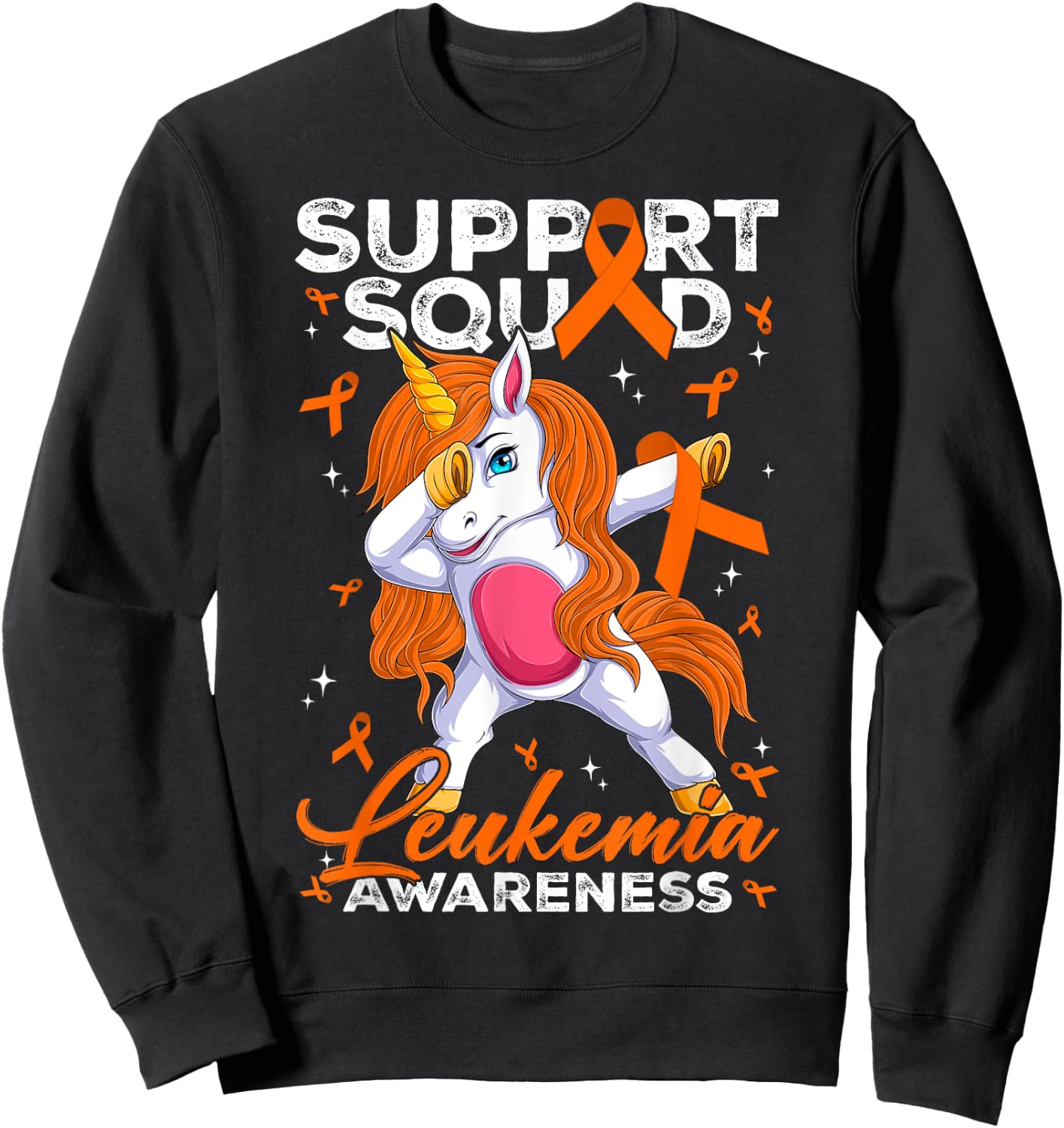 Support Squad Leukemia Awareness Unicorn With Orange Ribbon Sweatshirt - Sweatshirt | Black