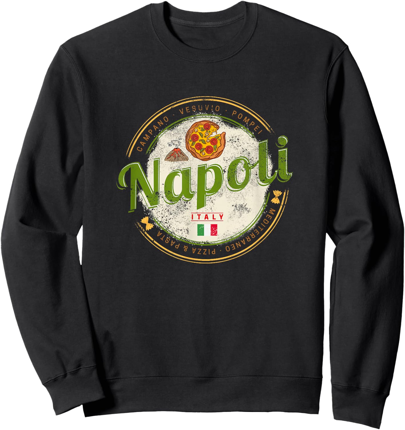 Naples Italy with Vesuvius and Pizza Vintage Souvenir Sweatshirt - Sweatshirt | Black