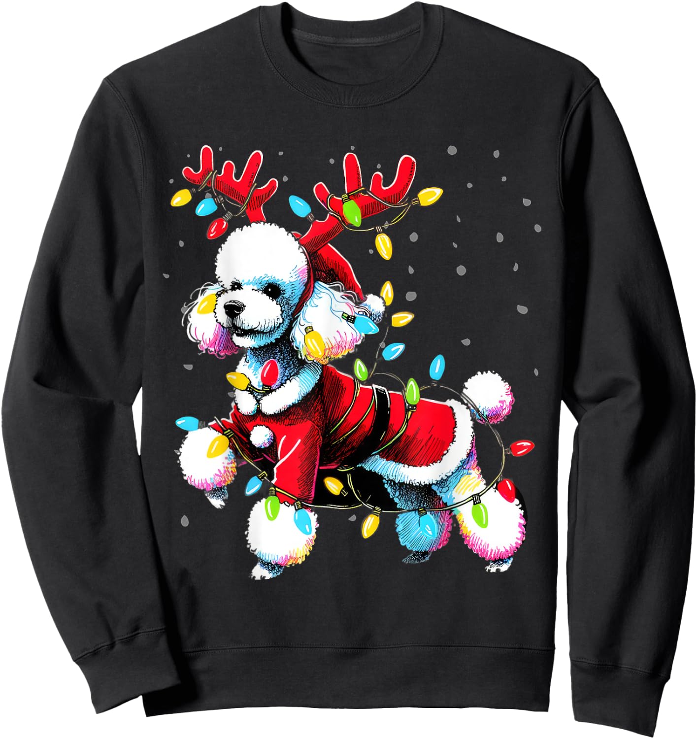 Poodle Santa Christmas Tree Lights, Funny Ugly Pajama Women Sweatshirt - Sweatshirt | Black