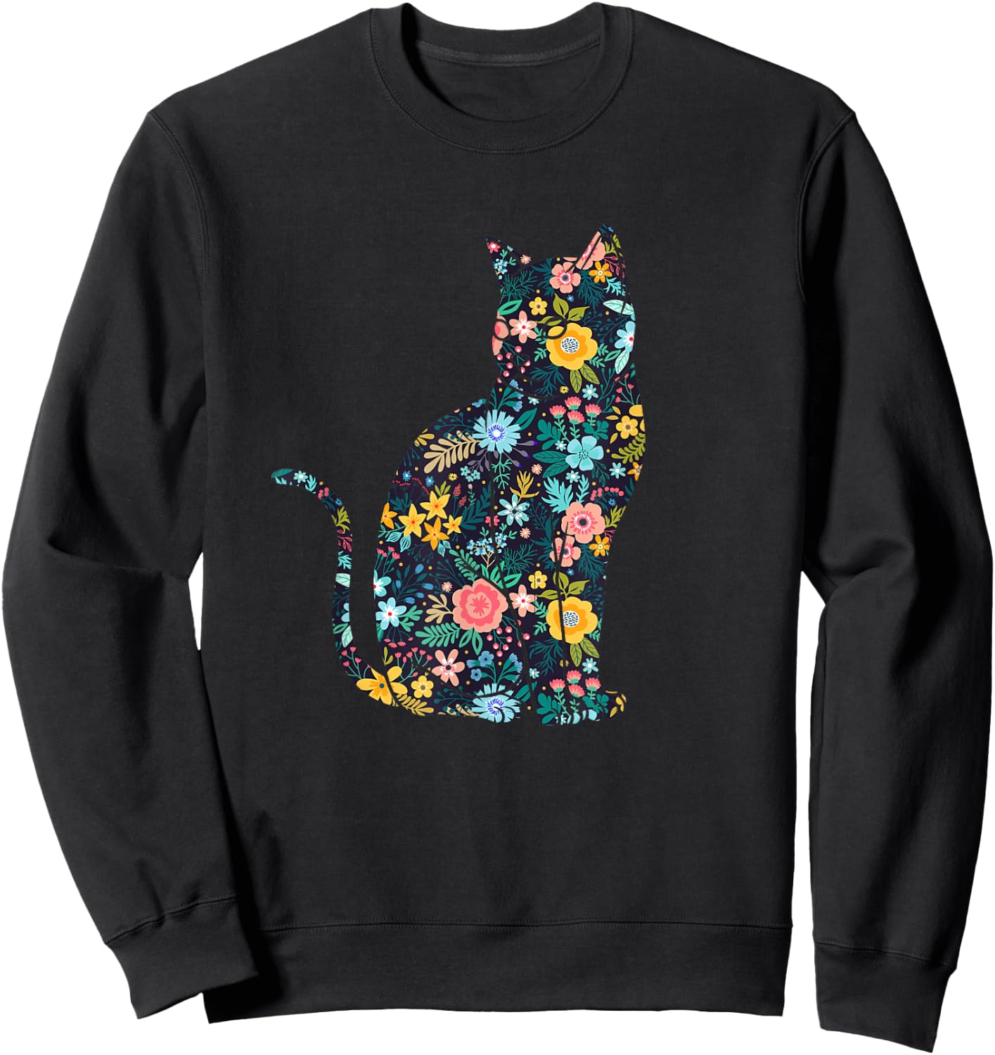 Floral Cat Silhouette Girls Graphic Sweatshirt - Sweatshirt | Black