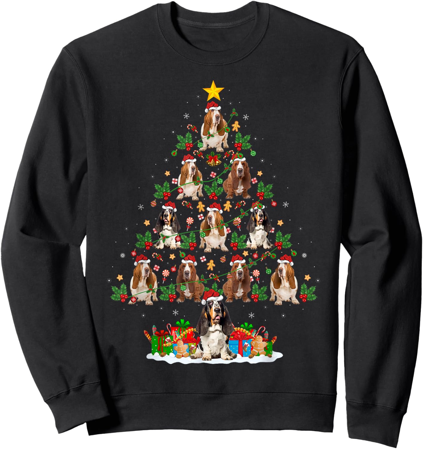 Lighting Xmas Holiday Santa Basset Hound Dog Christmas Tree Sweatshirt - Sweatshirt | Black