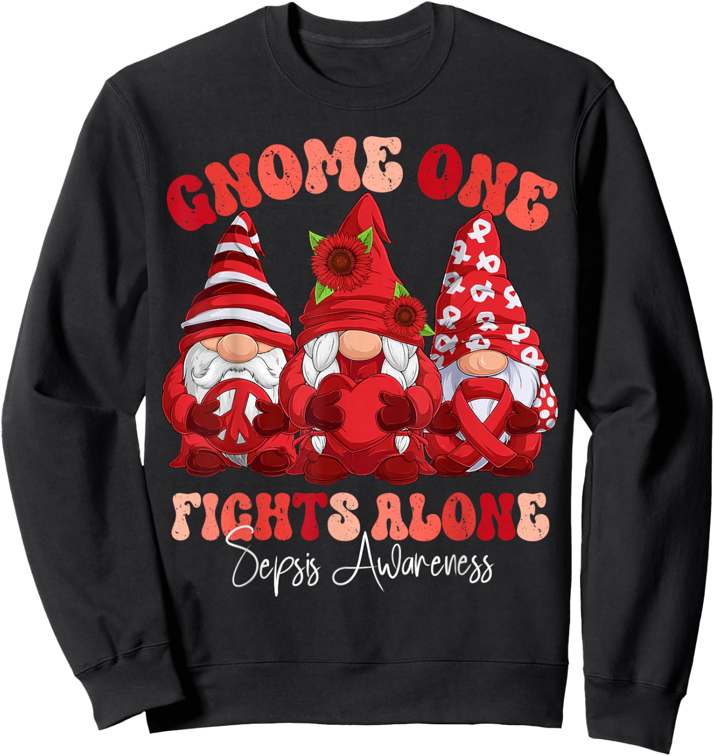 Sepsis Awareness Month Red Ribbon Gnomies Sweatshirt - Sweatshirt | Black