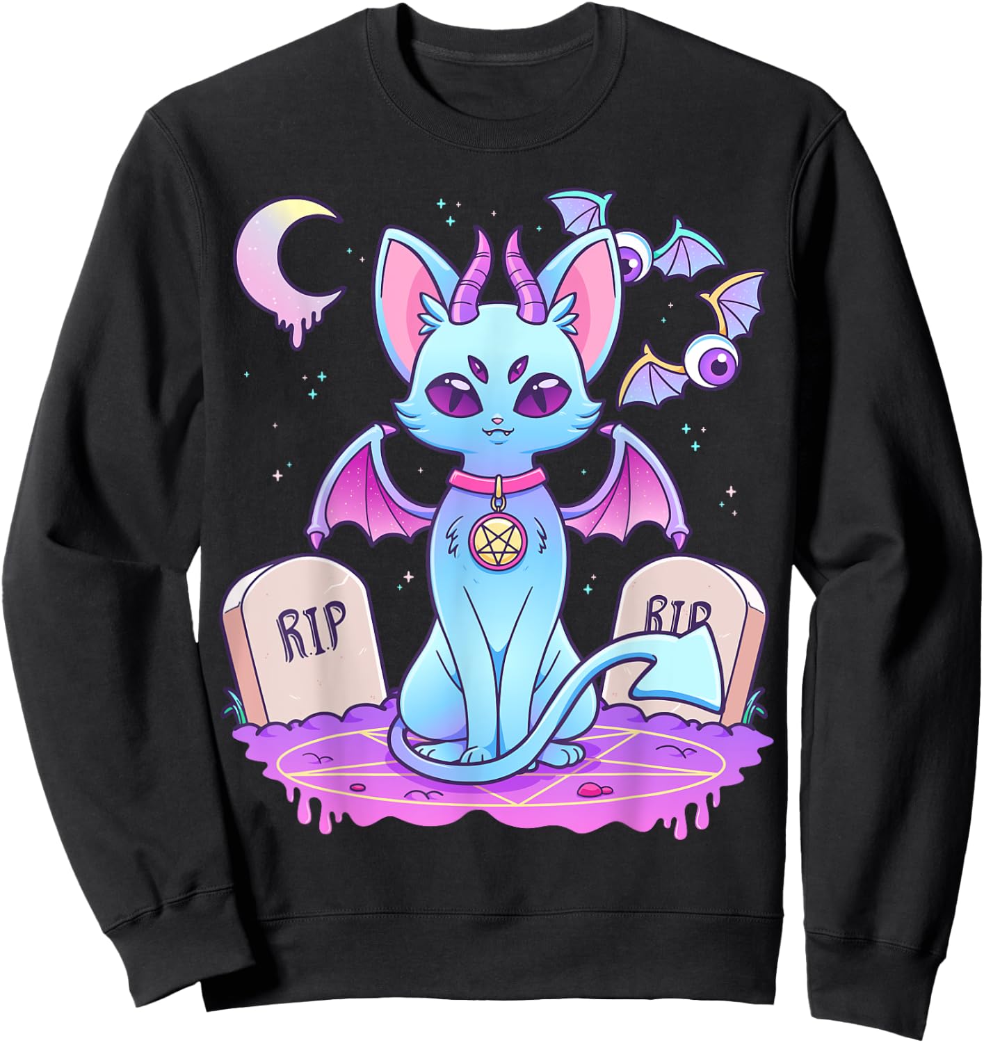 Pastel Goth Creepy Pentagram Cat Kawaii Emo Kitten Nu Goth Men Women Girls Kids Sweatshirt - Sweatshirt | Black