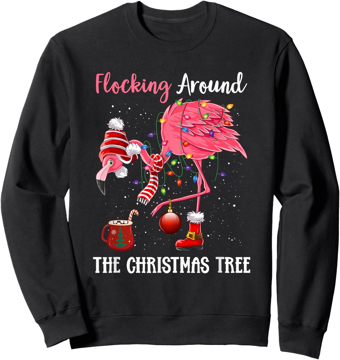 Flocking Around The Christmas Tree Xmas Pjs Pink Flamingo Sweatshirt - Sweatshirt | Black