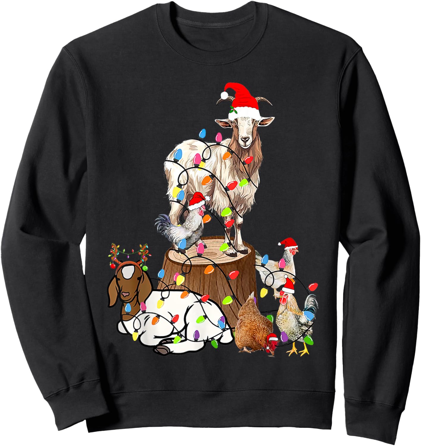 Goat Chicken Santa Hat Reindeer Funny Christmas Lights Farm Sweatshirt - Sweatshirt | Black