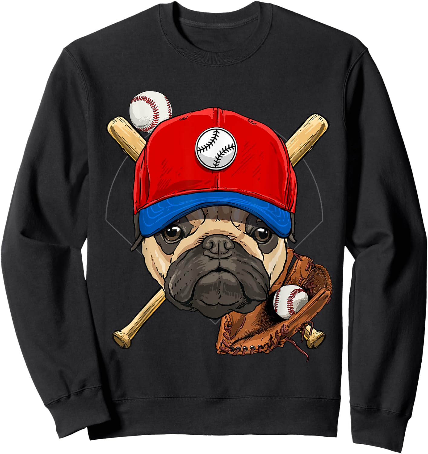 Pawsome -Adults, Kids Baseball , Black, Small, Short Sleeve, Cartoon Pug Baseball Player Applique Sweatshirt - Sweatshirt | Black