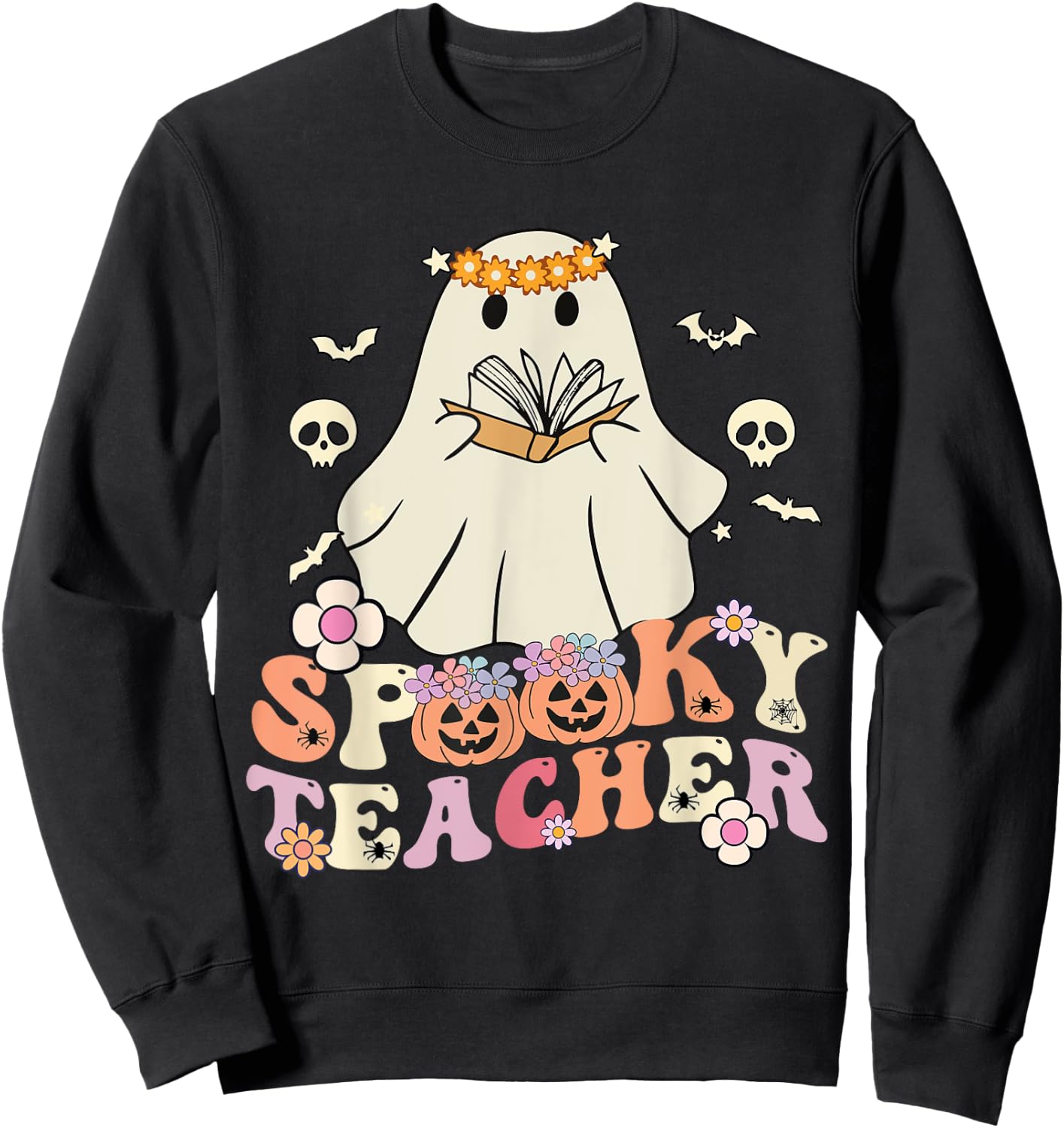 Spooky Teacher Groovy Retro Ghost Teacher Halloween 2023 Women Kids Sweatshirt - Sweatshirt | Black