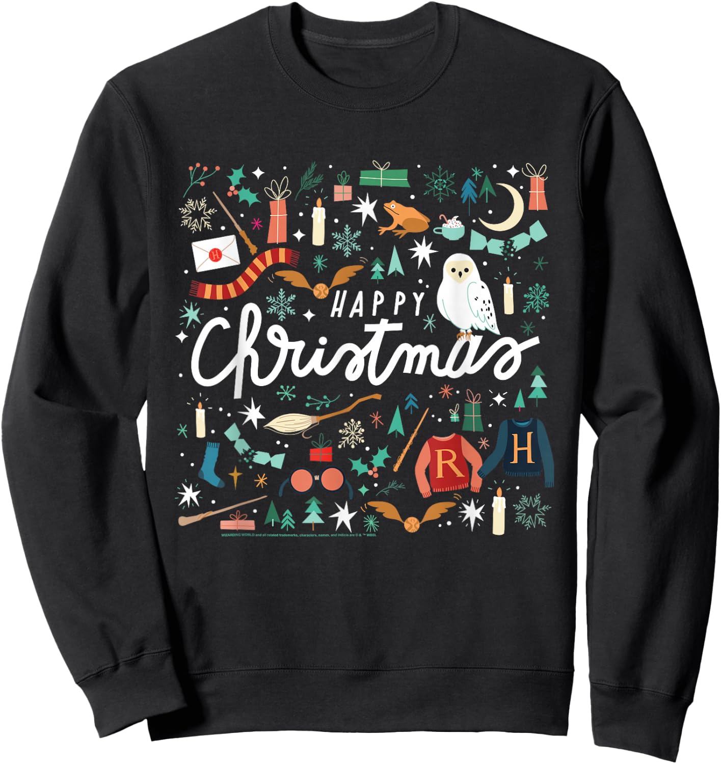 Harry Potter Happy Christmas, Hedwig, Golden Snitch Sweatshirt - Sweatshirt | Black