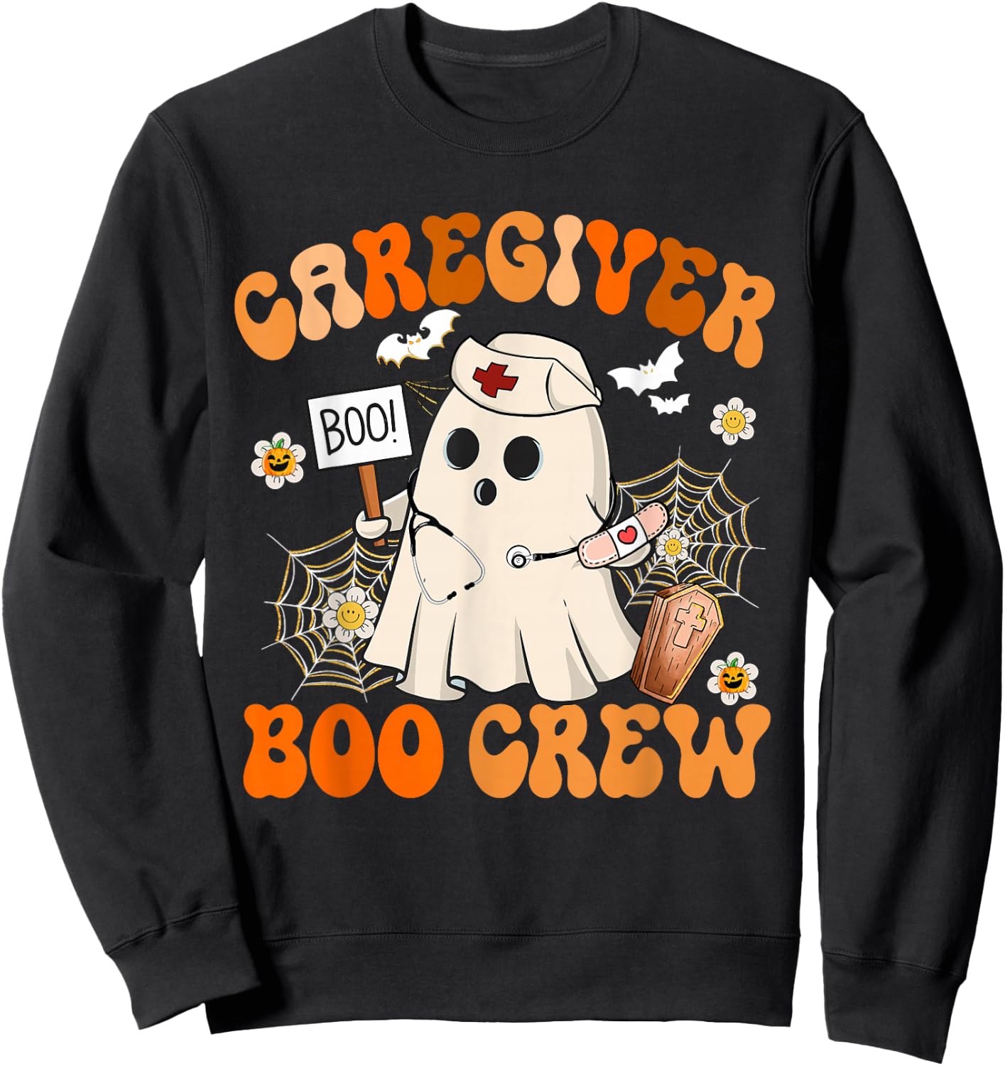 Caregiver Boo Crew Funny Ghost Halloween Costumes Sweatshirt - Sweatshirt | Black