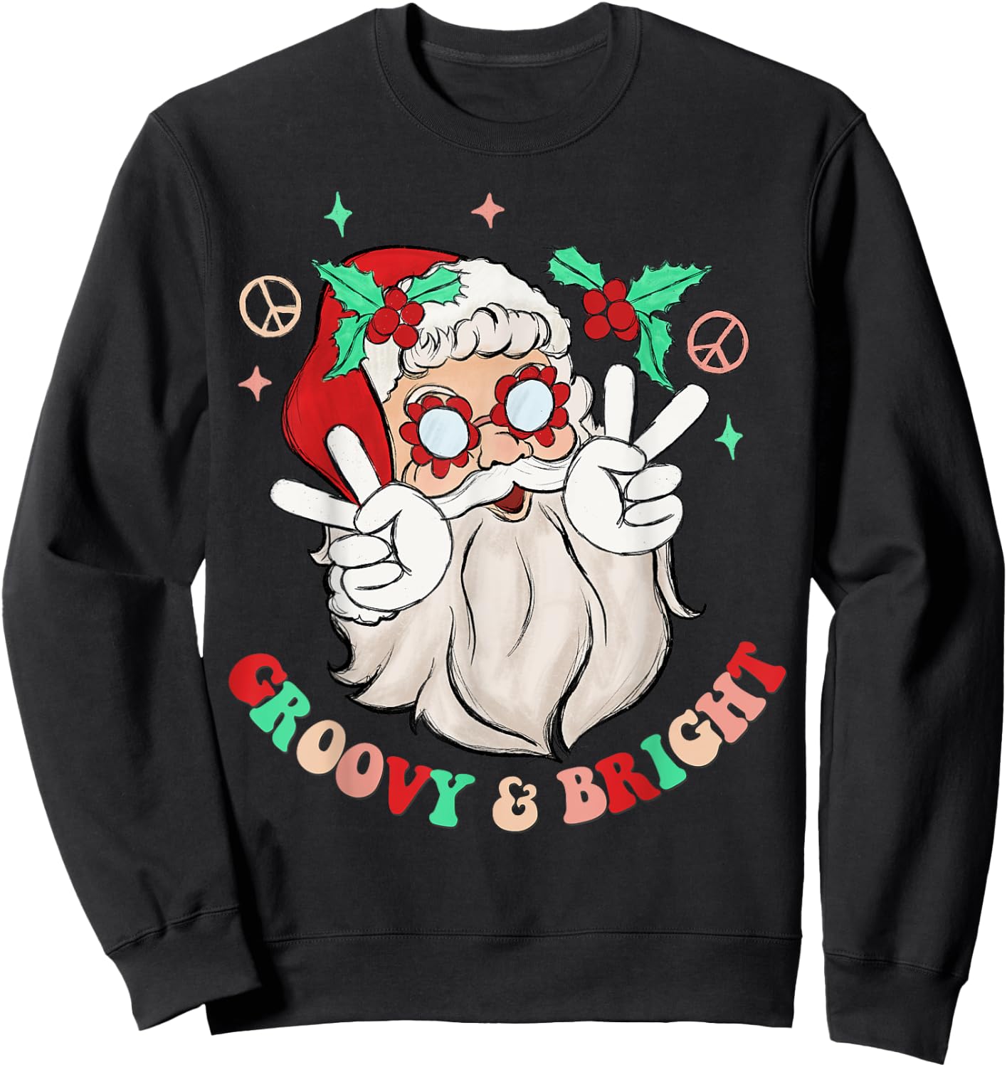 Hippie Santa Groovy Peace Sign Funny Merry Christmas Sweatshirt - Sweatshirt | Black