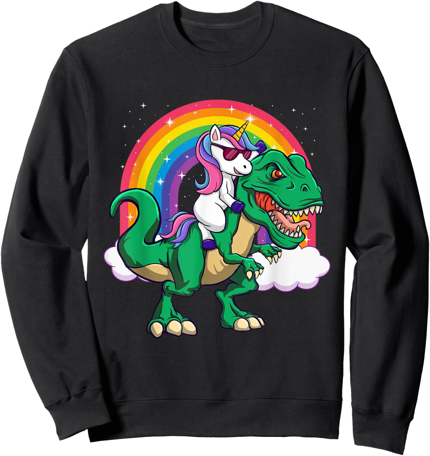 Unicorn Riding Dinosaur - Mythical Animal Rainbow Unicorn Sweatshirt - Sweatshirt | Black