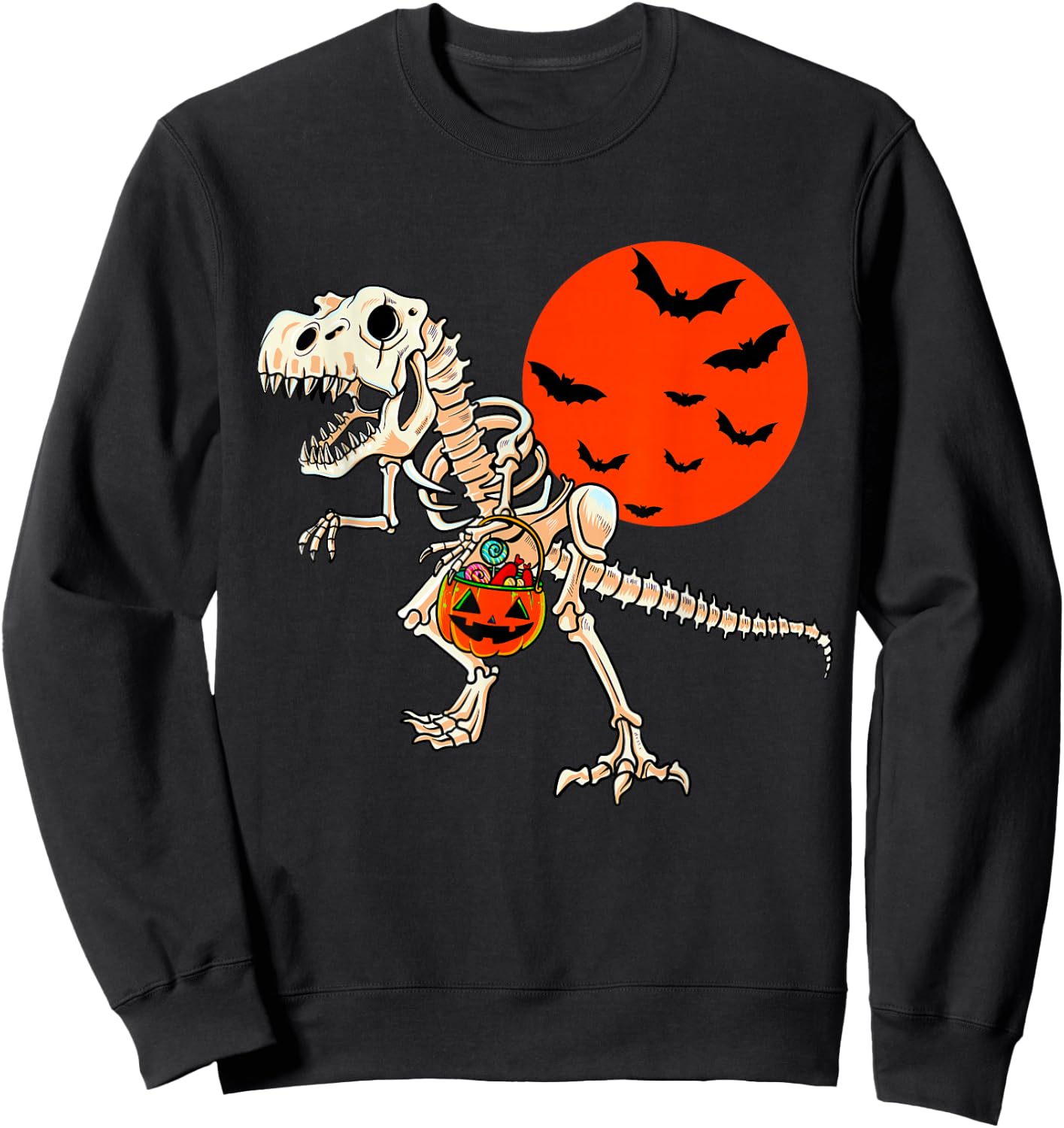 Scary Dinosaur Halloween Boys T Rex Skeleton Pumpkin Moon Sweatshirt - Sweatshirt | Black