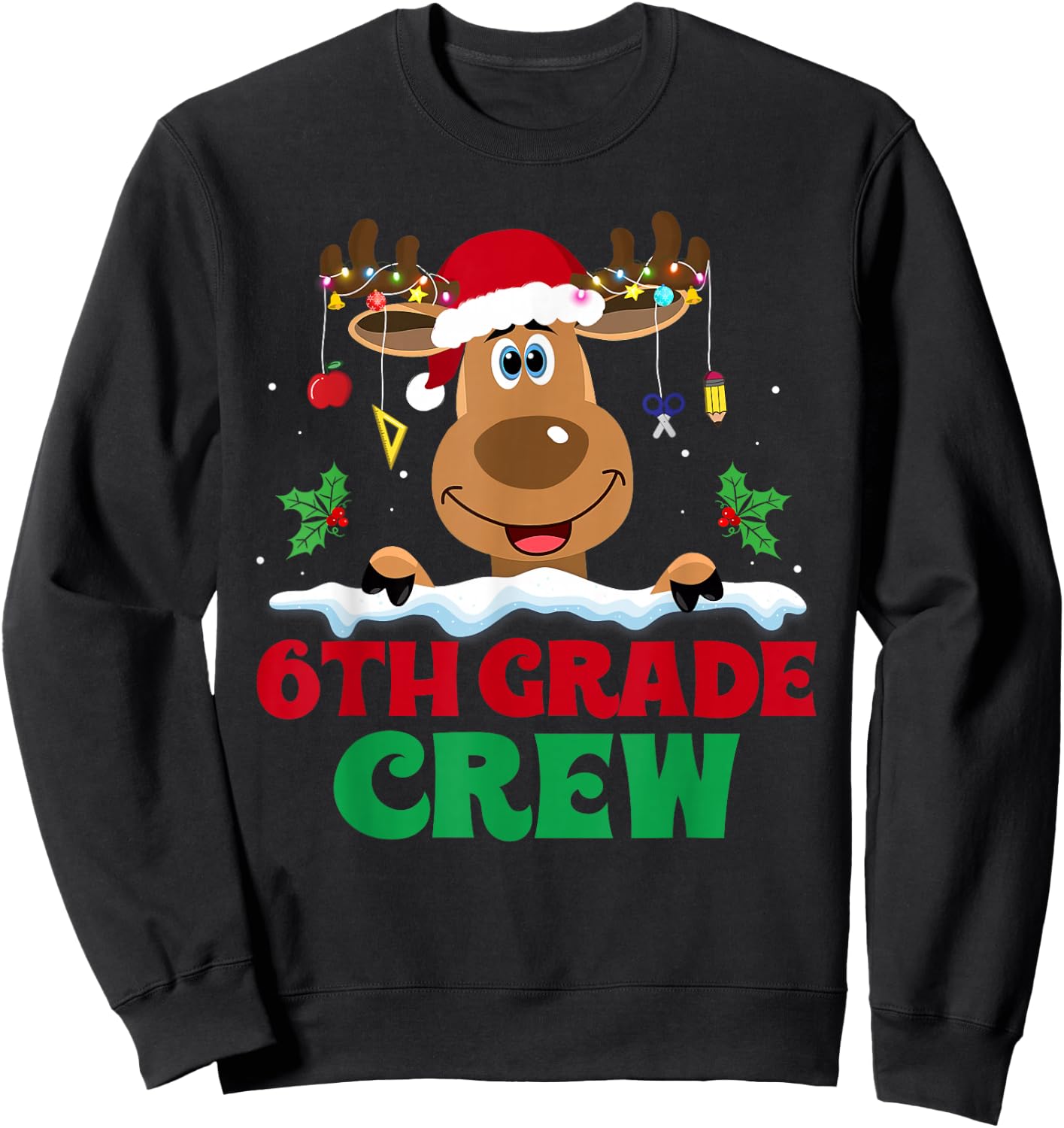 6th Grade Crew Reindeer Santa Hat Funny Christmas Teacher Sweatshirt - Sweatshirt | Black