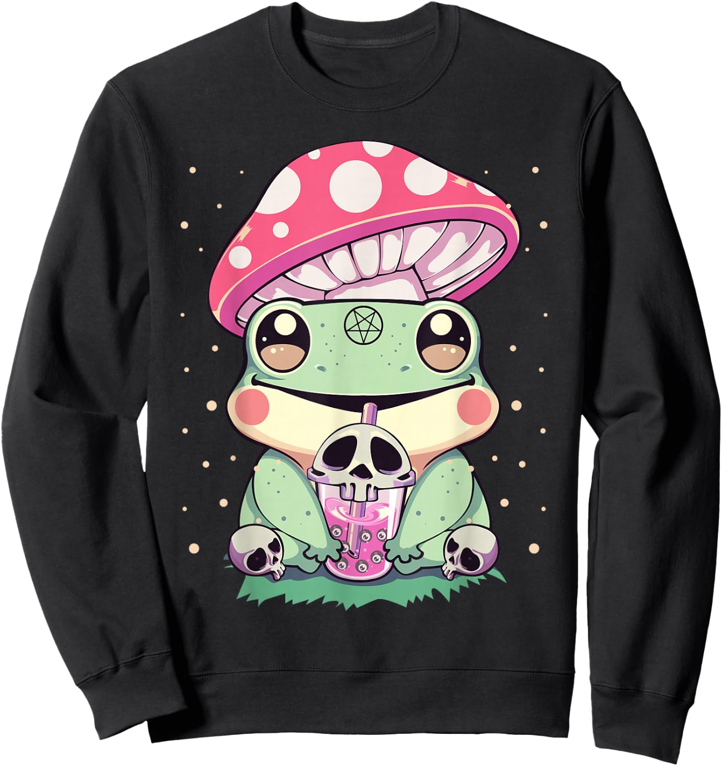 Pastel Goth Kawaii Frog Boba Tea and Mushroom Frog Sweatshirt - Sweatshirt | Black