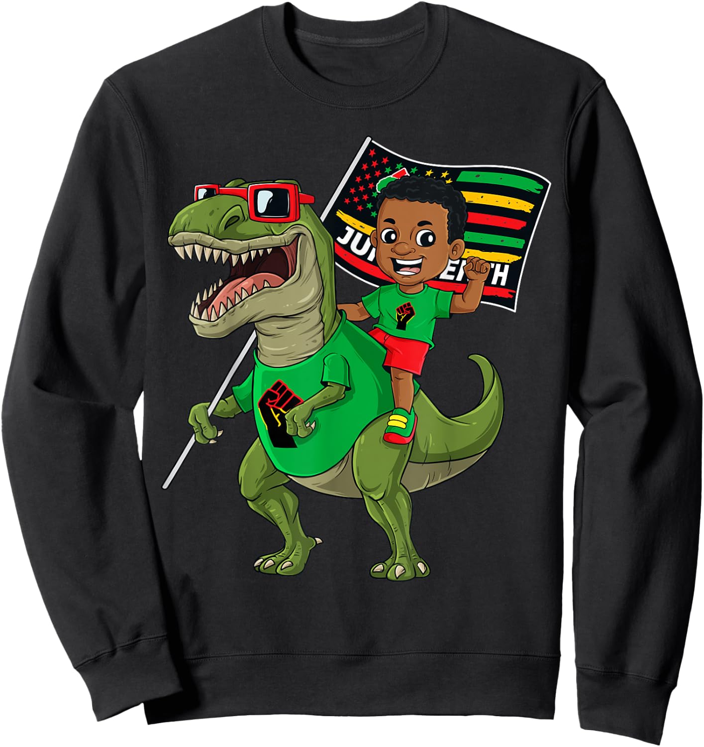 Juneteenth Black King Riding T Rex Dino Funny Boys Kids Flag Sweatshirt - Sweatshirt | Black