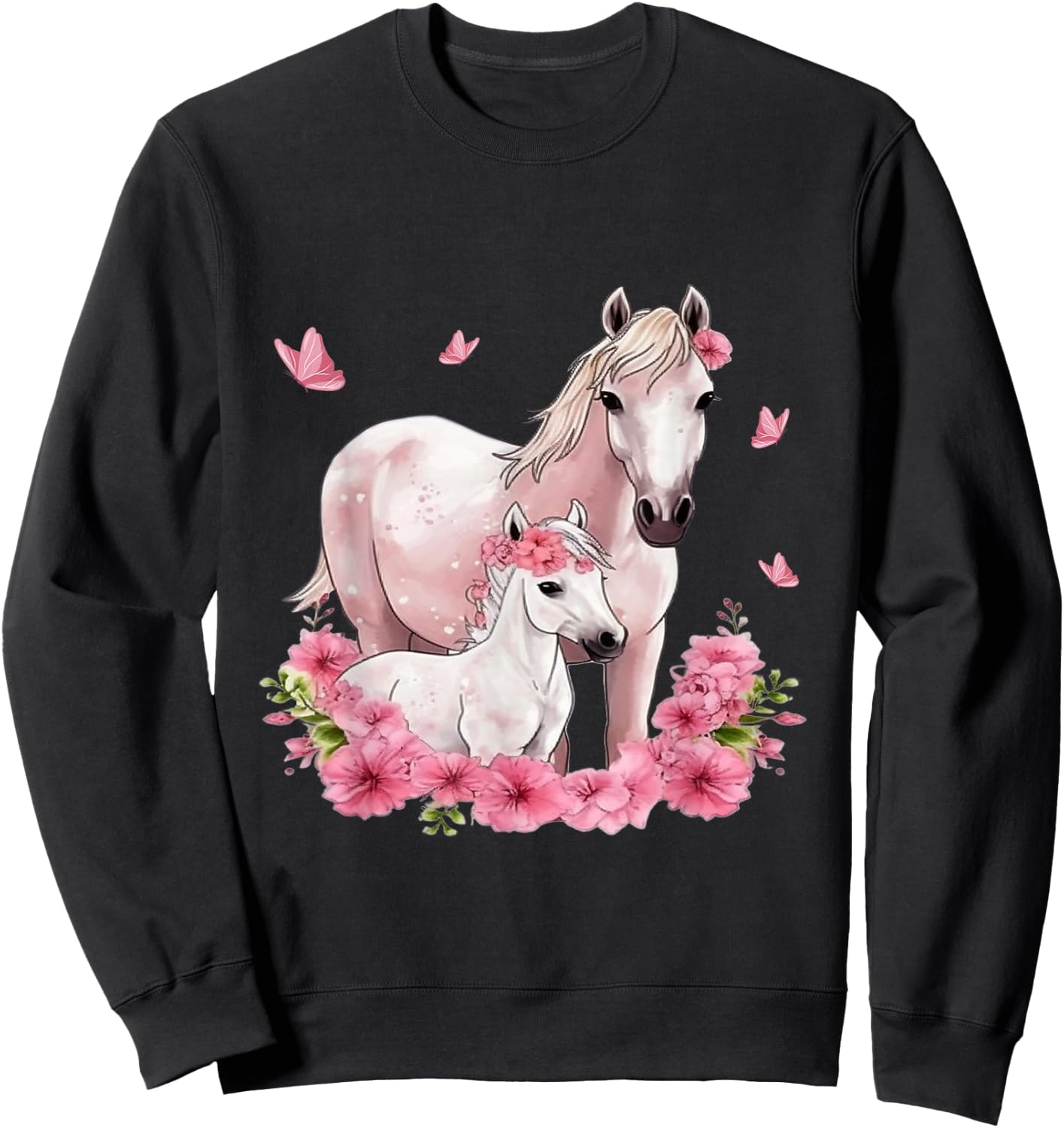Horse with Foal - Flowers and Butterflies Sweatshirt - Sweatshirt | Black