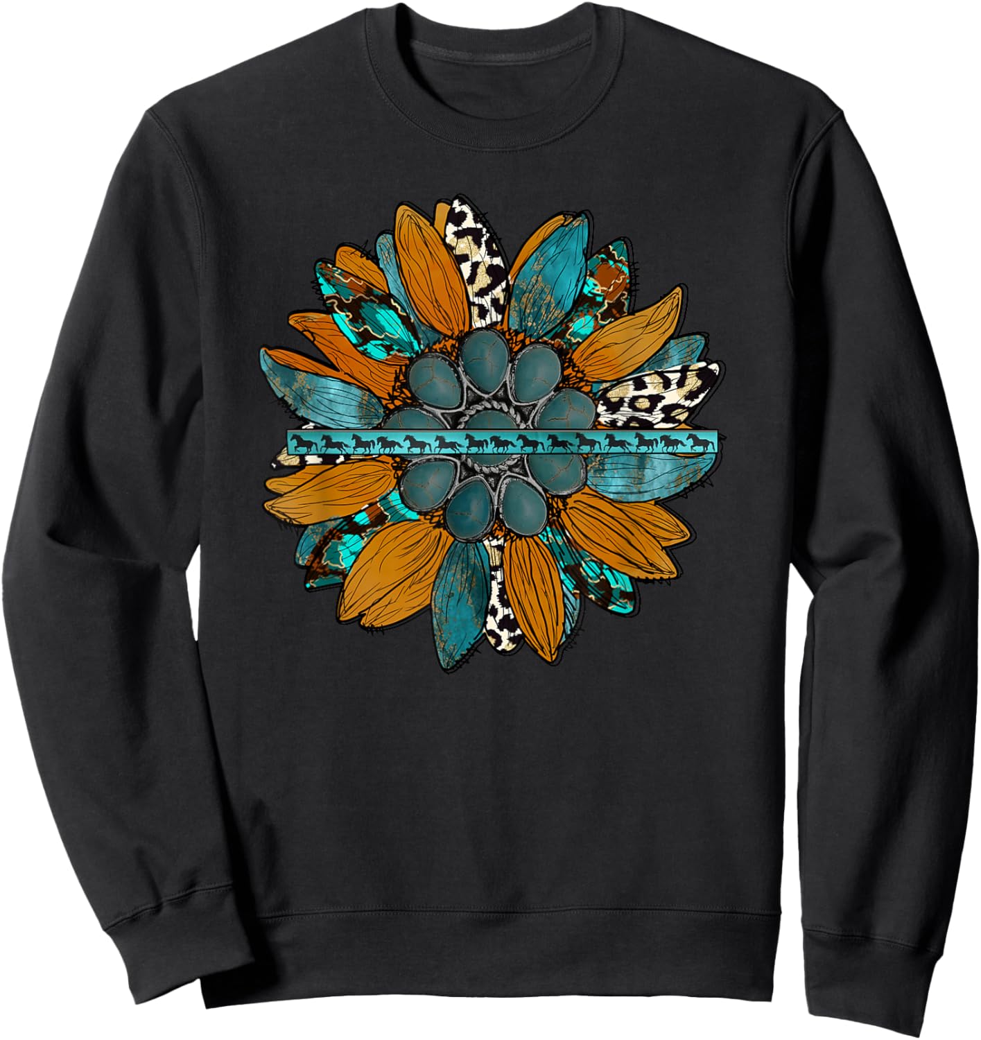 Country Western Sunflower Earth Tones Cowhide Teal Sweatshirt - Sweatshirt | Black