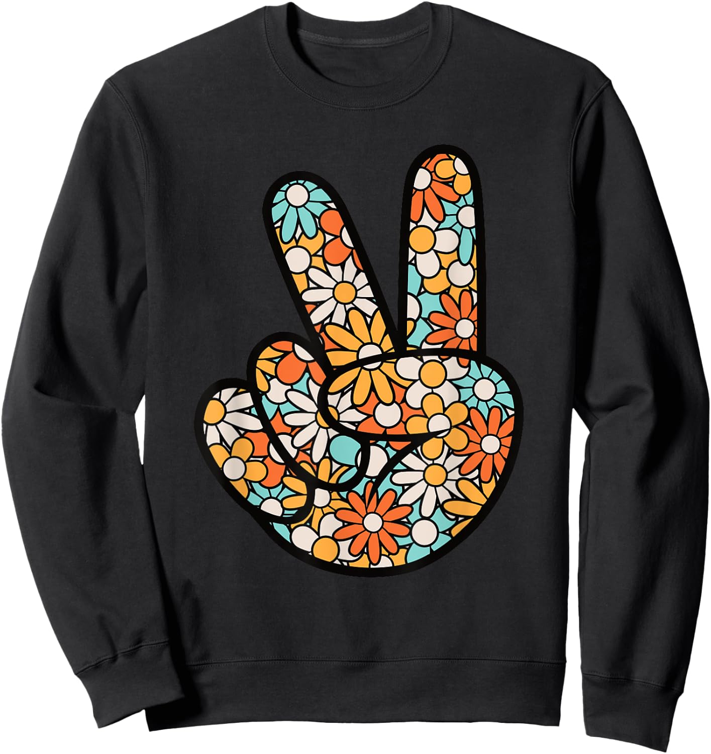 Peace Hand Sign Hippie Flower Groovy 60s 70s Party Outfit Sweatshirt - Sweatshirt | Black