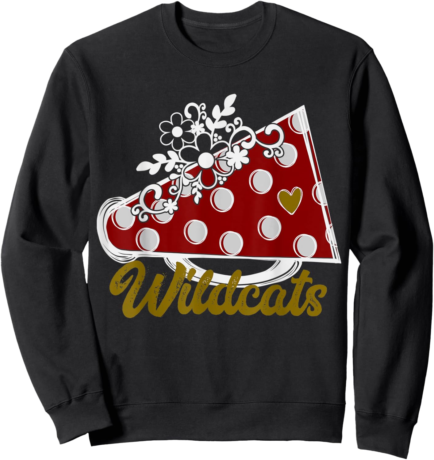 Cheer WILDCATS Shirt, Maroon Megaphone Heart Flower Accent Sweatshirt - Sweatshirt | Black