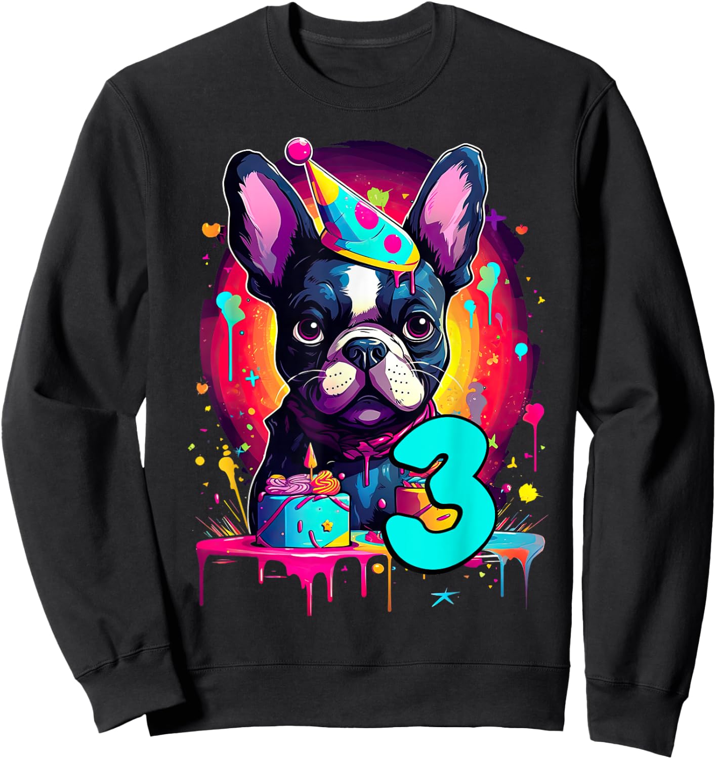 French Bulldog Dog 3rd Birthday Themed Party 3 Years Old Men Women Kids Sweatshirt - Sweatshirt | Black