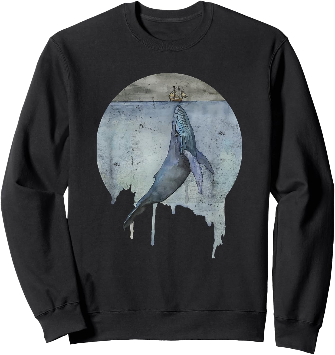 Humpback Whale Ship At Sea Distressed Watercolor Ocean Sea Sweatshirt - Sweatshirt | Black