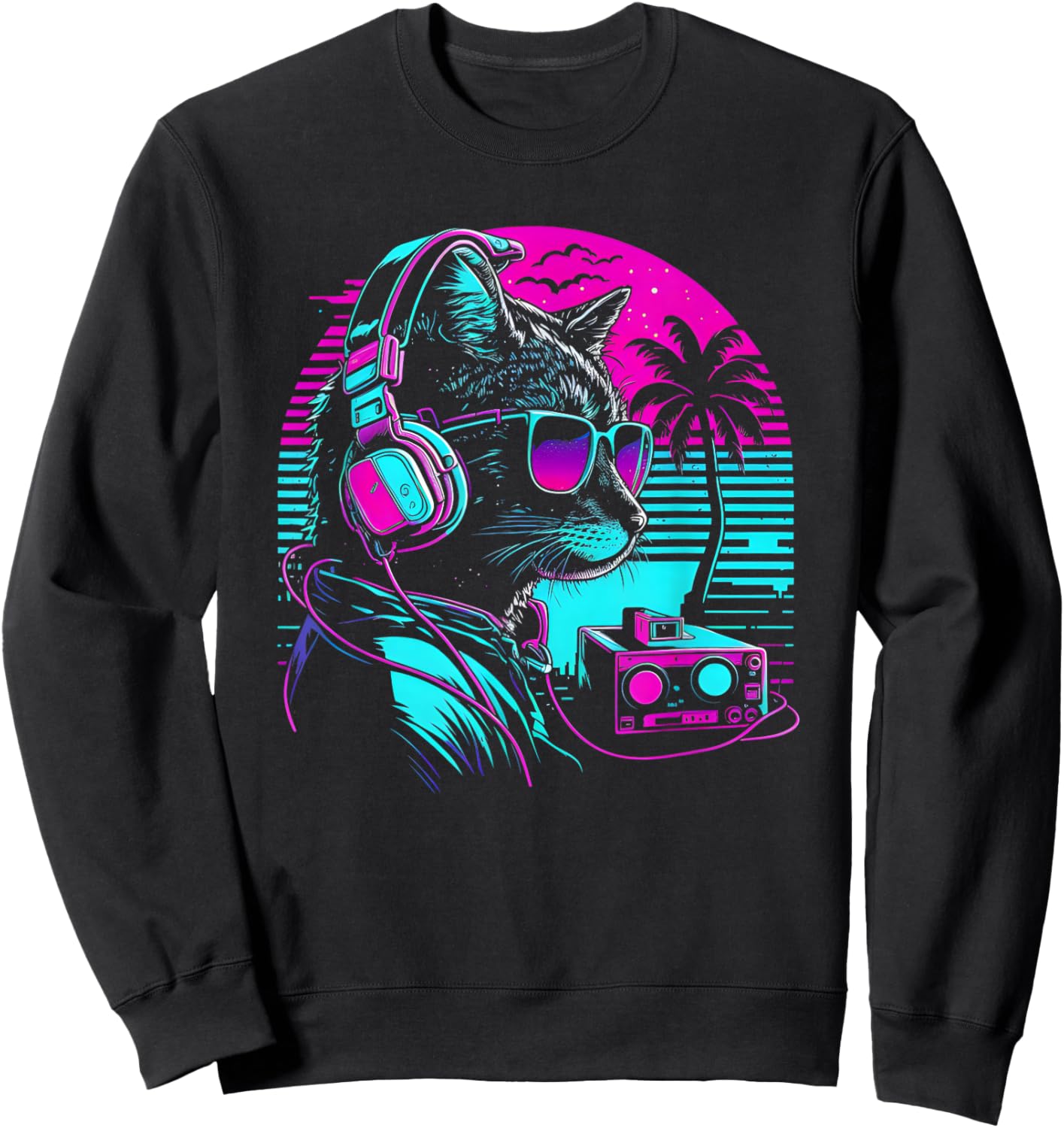 House DJ Cat 80s 90s Kitten Sunset Rainbow DJ Cat Kitty Sweatshirt - Sweatshirt | Black
