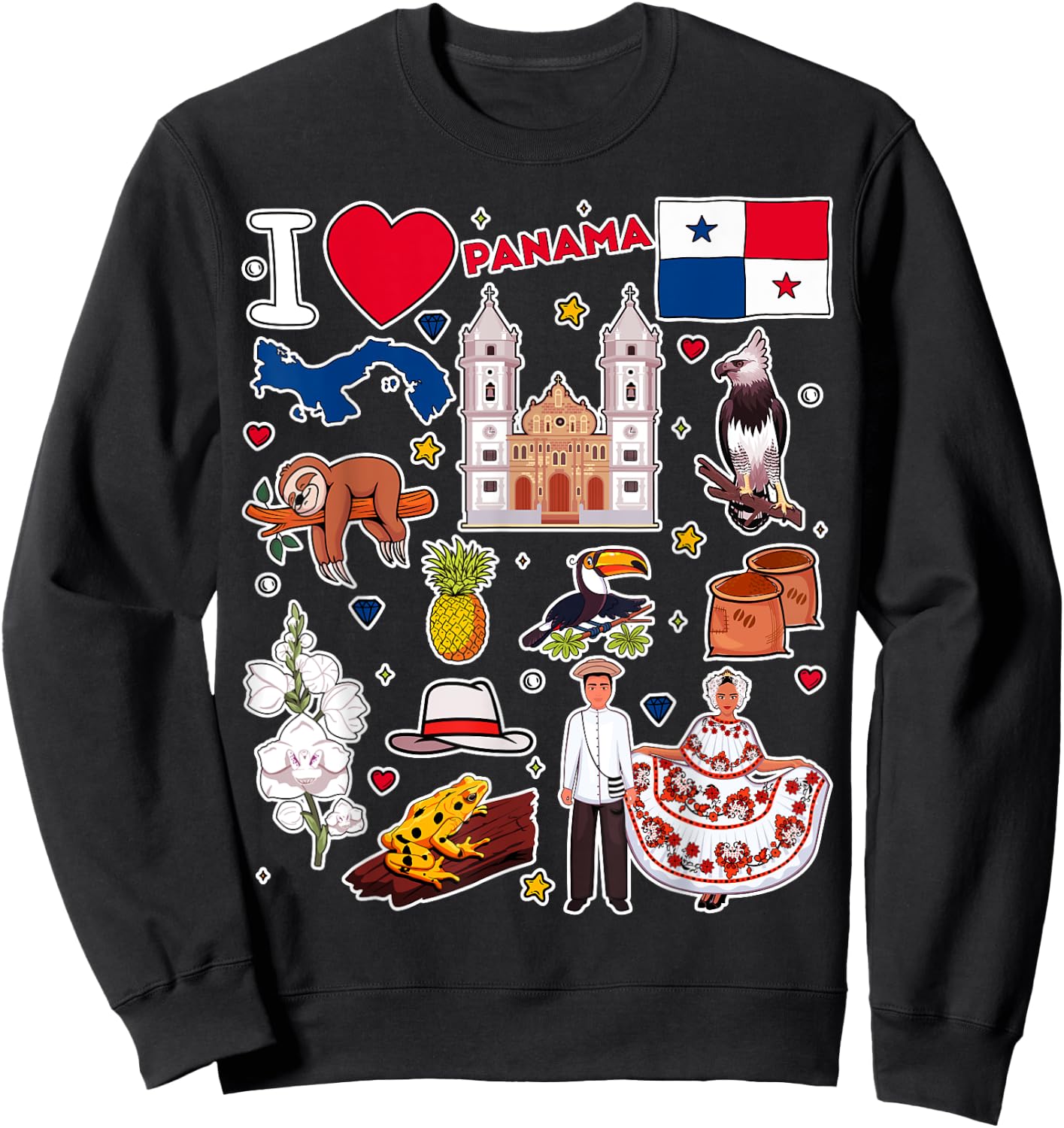 Panamanian hand drawn symbols, Panama map, cultural icons Sweatshirt - Sweatshirt | Black