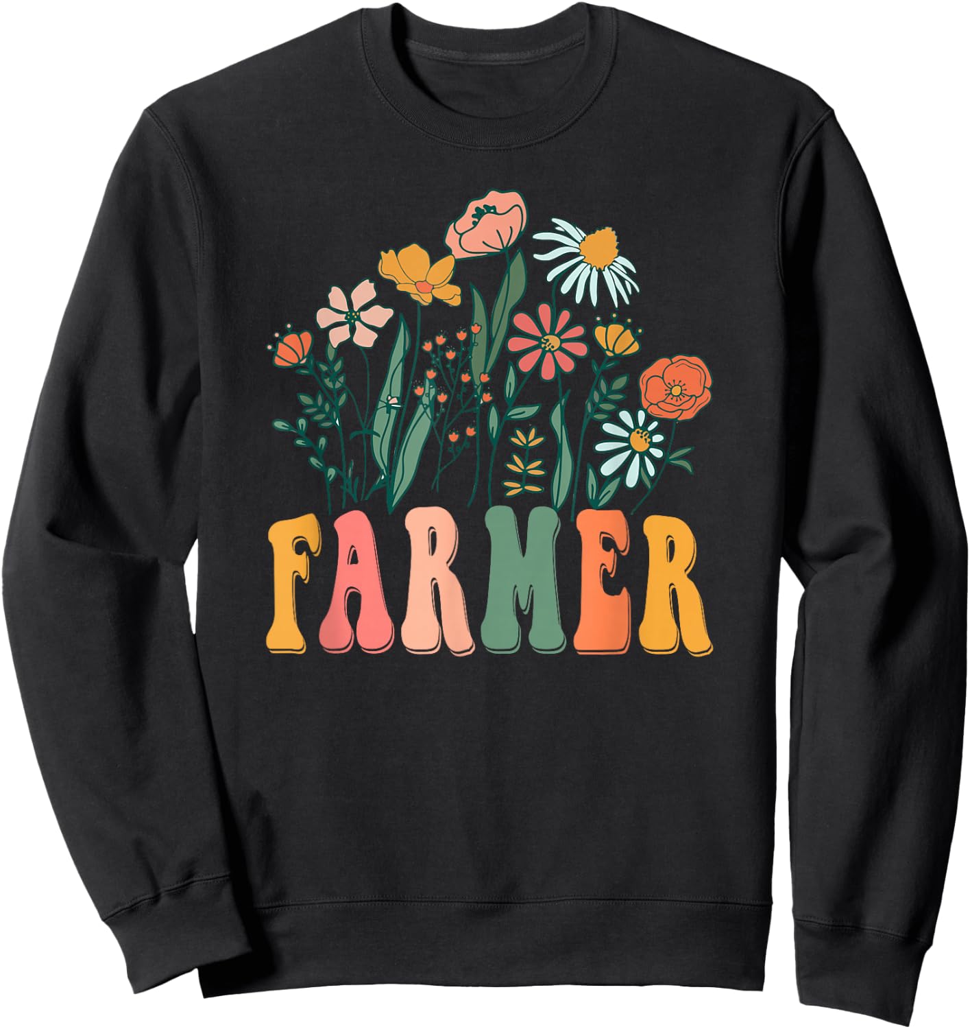 Retro Groovy floral Farmer Wildflower Sweatshirt - Sweatshirt | Black