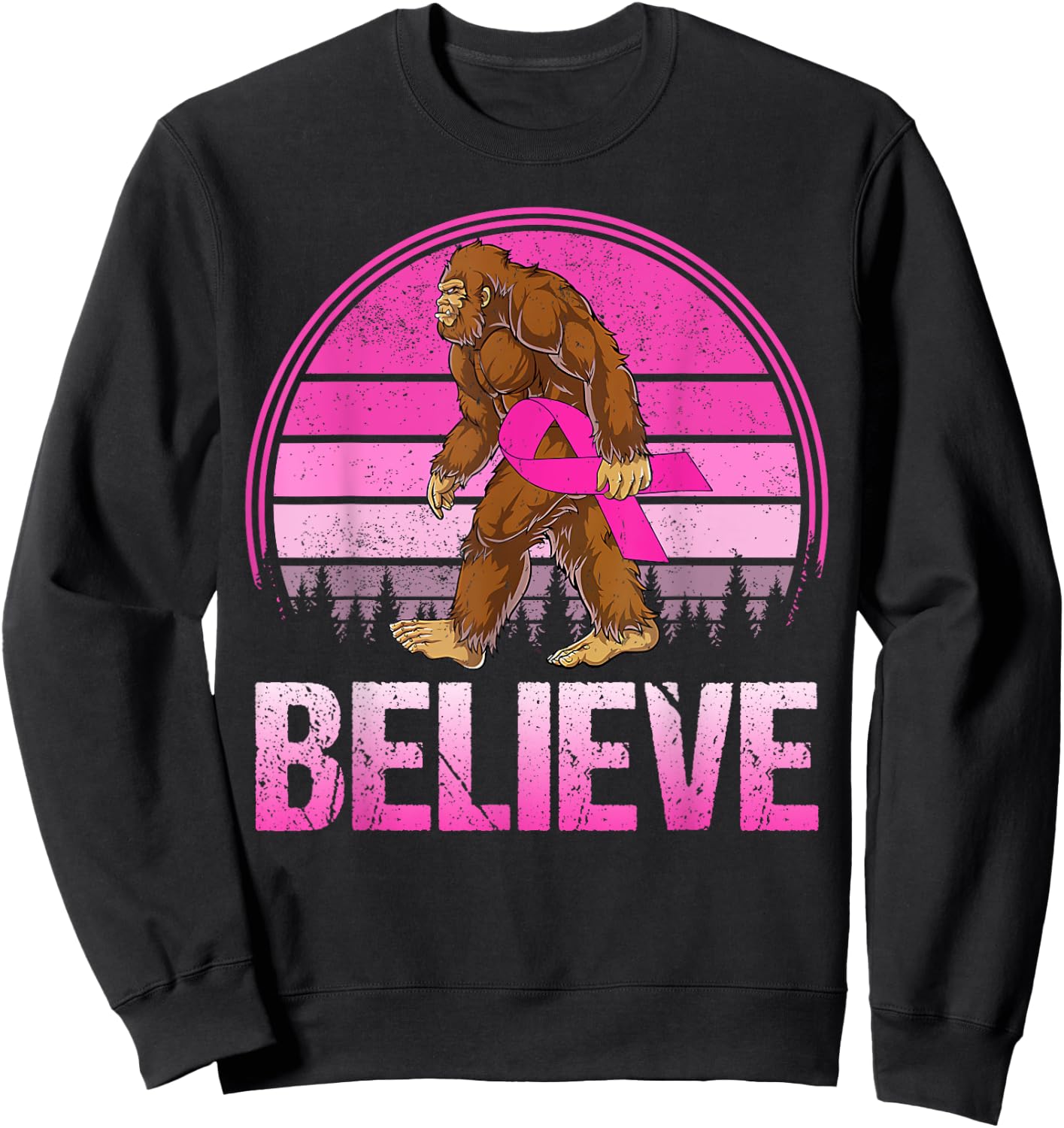 Retro Believe Breast Cancer Bigfoot & Pink Ribbon Sasquatch Sweatshirt - Sweatshirt | Black