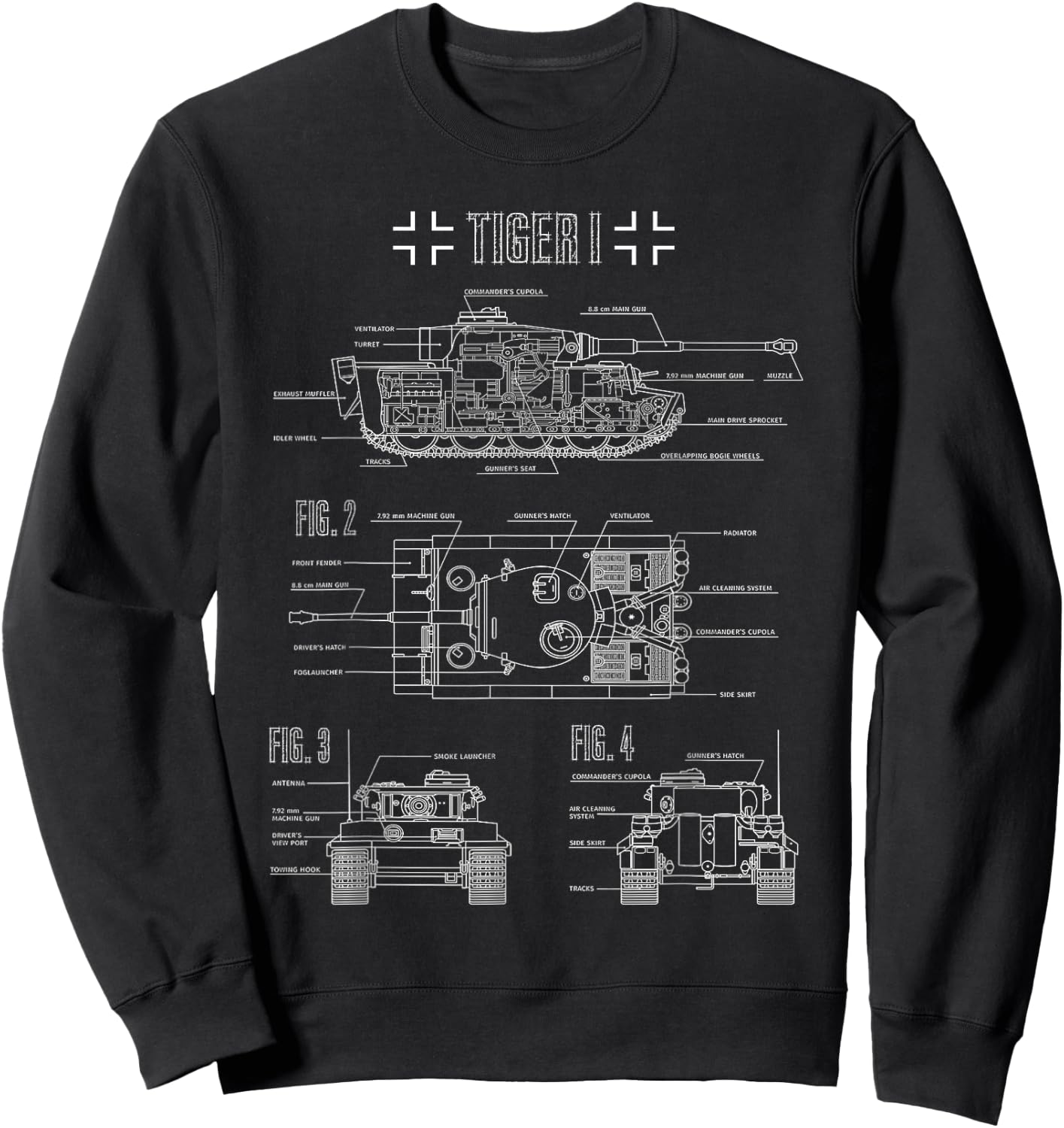 World War 2 German Tank Tiger I Engineering Blueprint Sweatshirt - Sweatshirt | Black