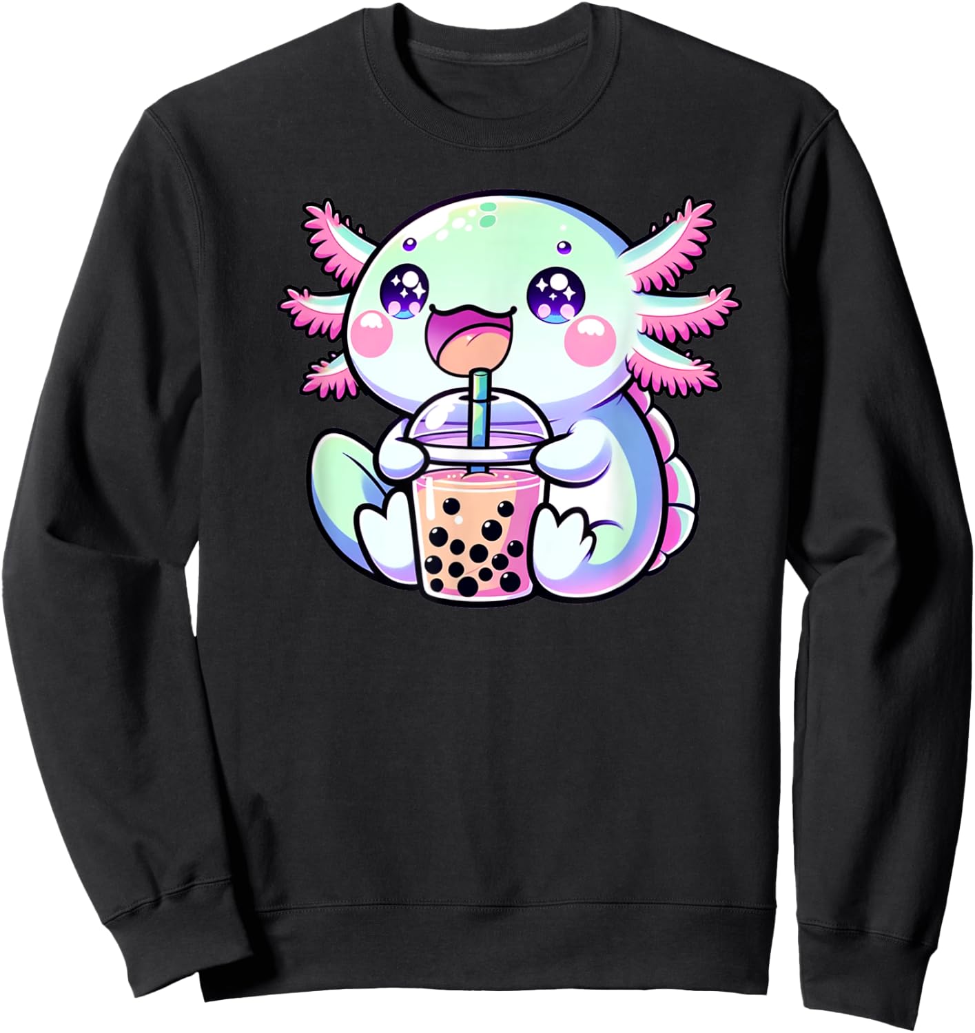 Cute Kawaii Axolotl Boba Bubble Tea Blue Pink Anime Bobalotl Men Women Kids Sweatshirt - Sweatshirt | Black
