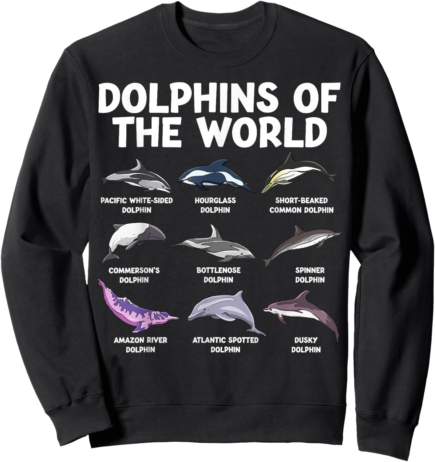 Dolphins Of The World Kawaii Types Of Dolphins Sea Animal Sweatshirt - Sweatshirt | Black