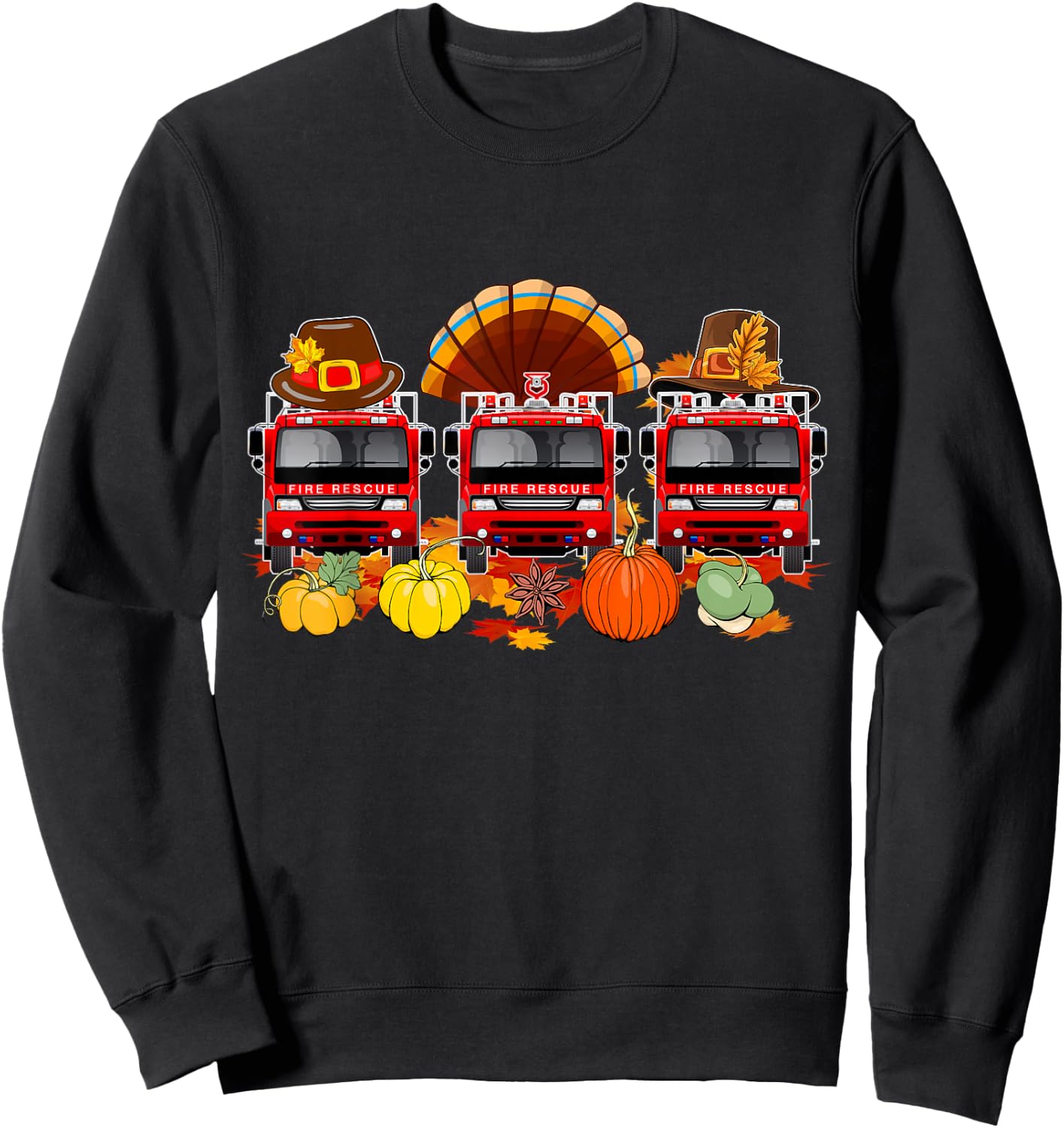 Thanksgiving Three Cute Fire Trucks As Turkey Autumn Driver Sweatshirt - Sweatshirt | Black