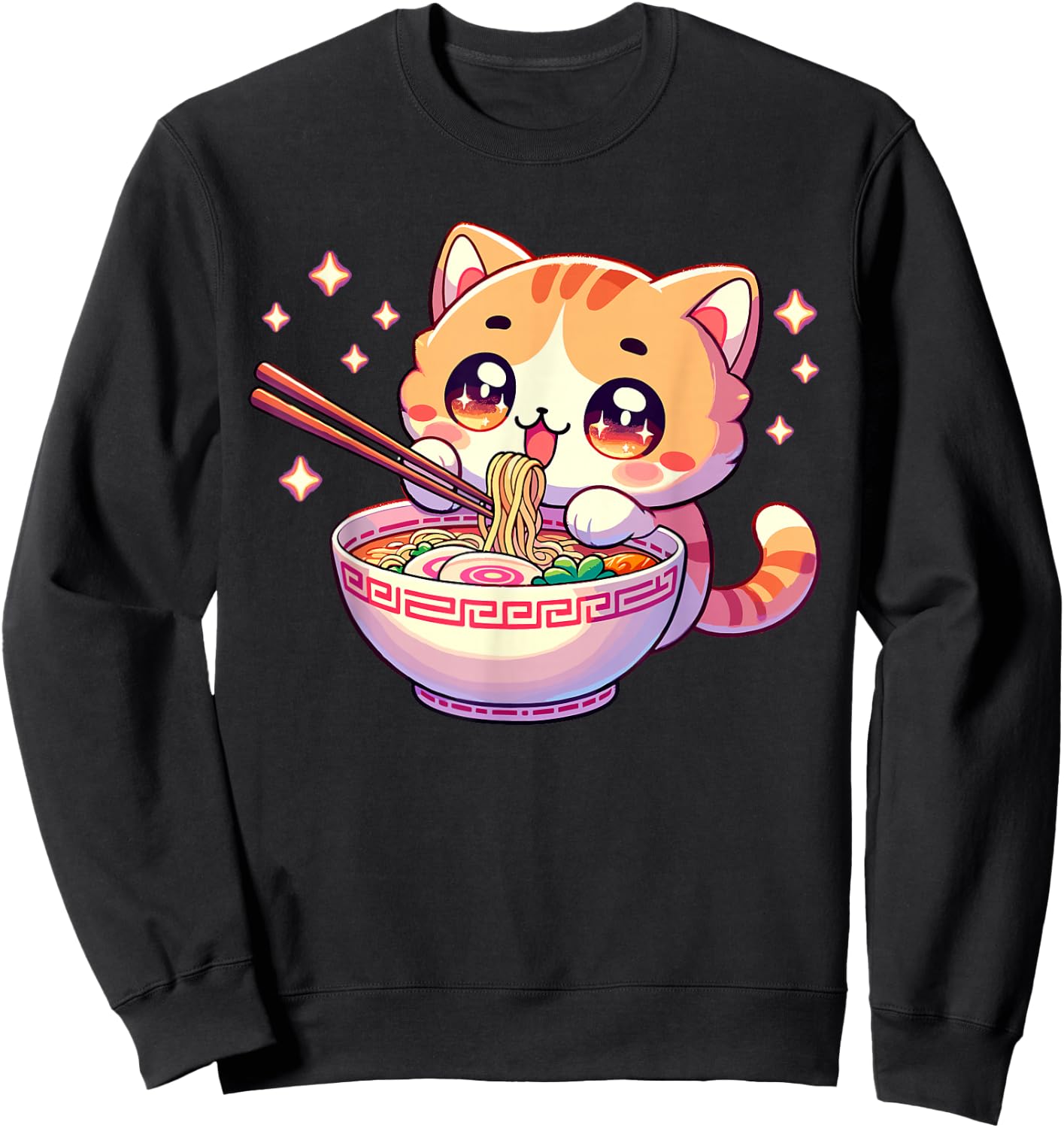 Japanese Kawaii Kitten Anime Cat Eating Ramen Women Girls Sweatshirt - Sweatshirt | Black