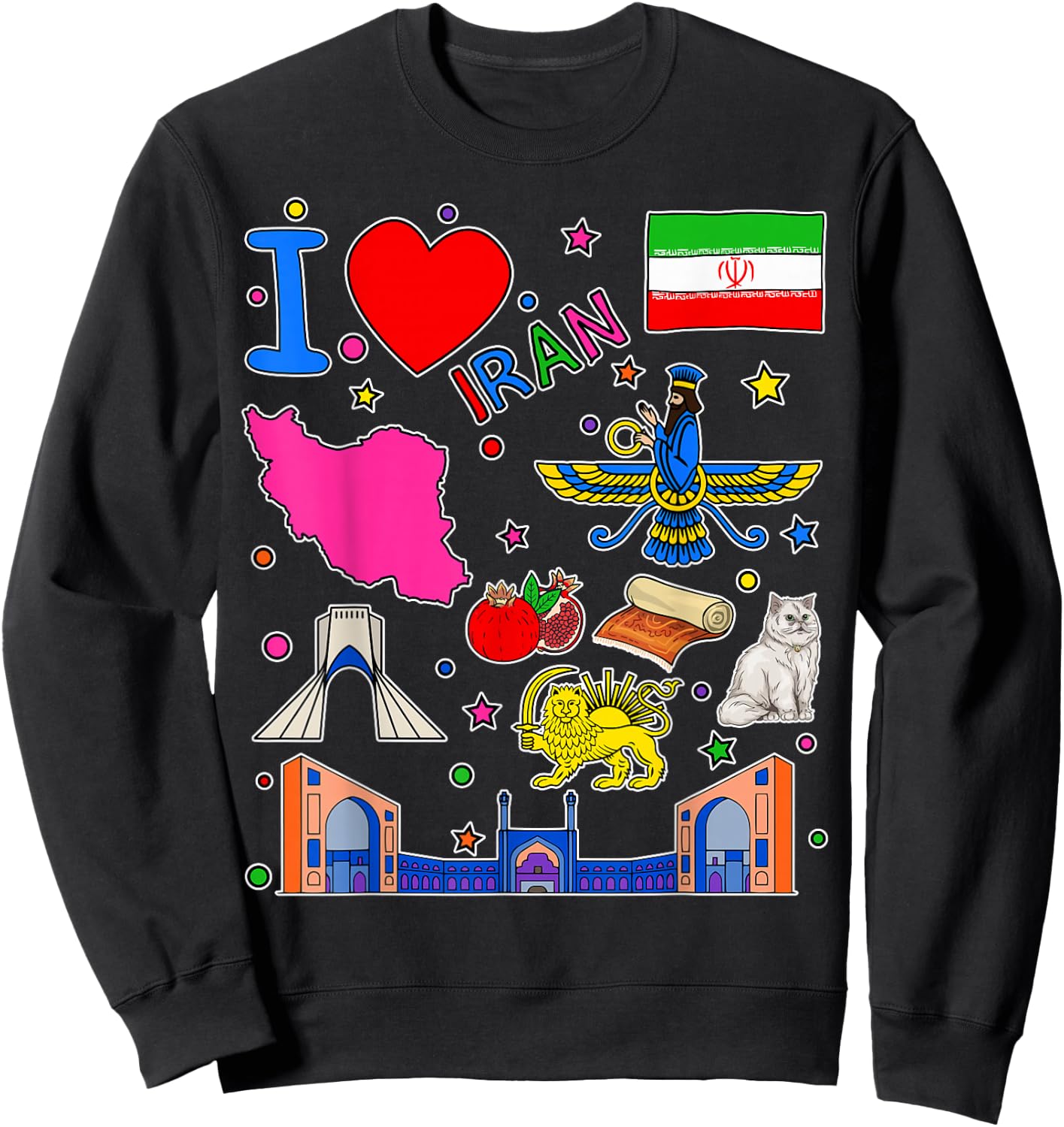 Iranian hand drawn landmarks, Iran map, Culture icons Sweatshirt - Sweatshirt | Black