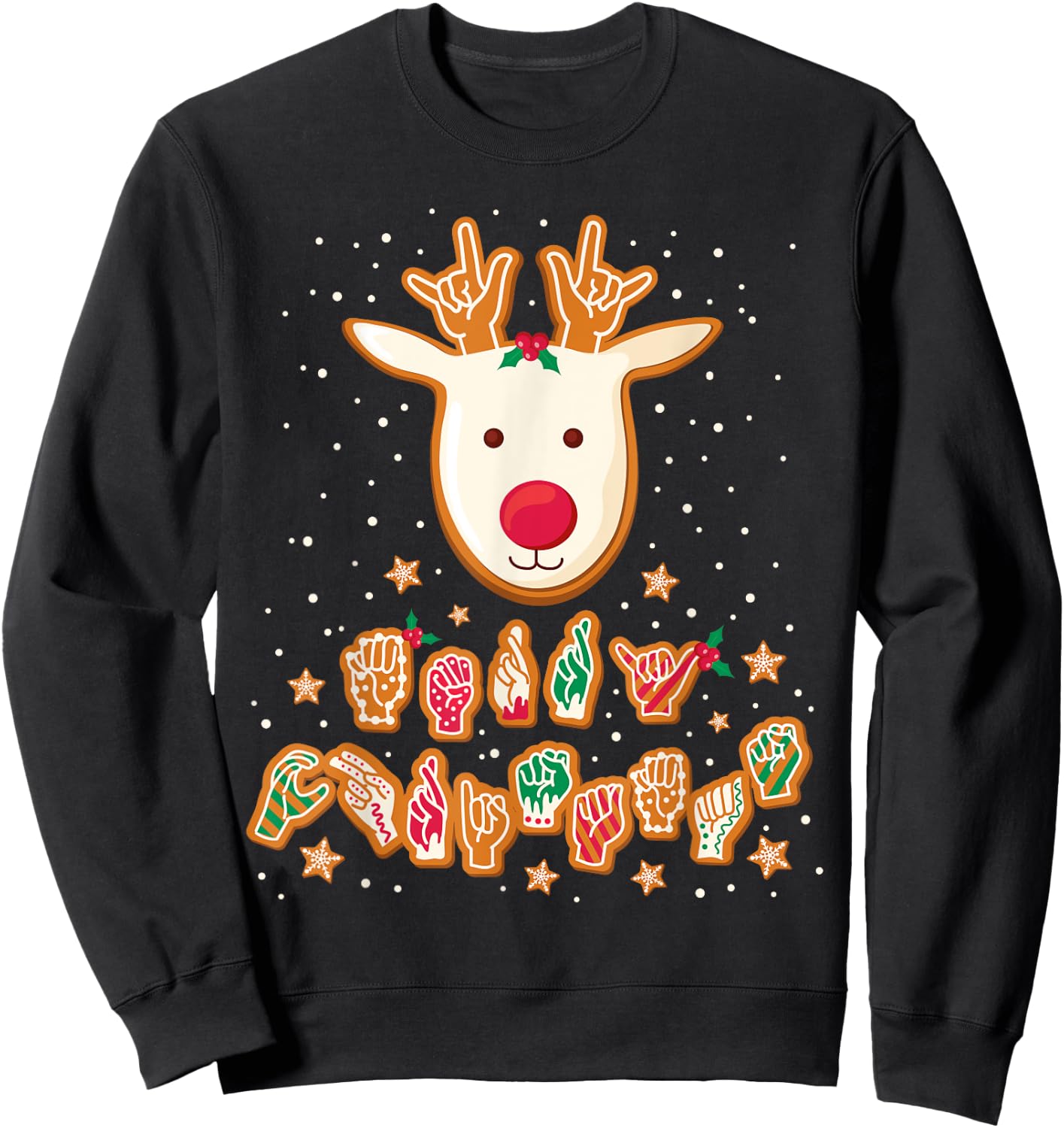 ASL Christmas Reindeer American Sign Language Gingerbread Sweatshirt - Sweatshirt | Black