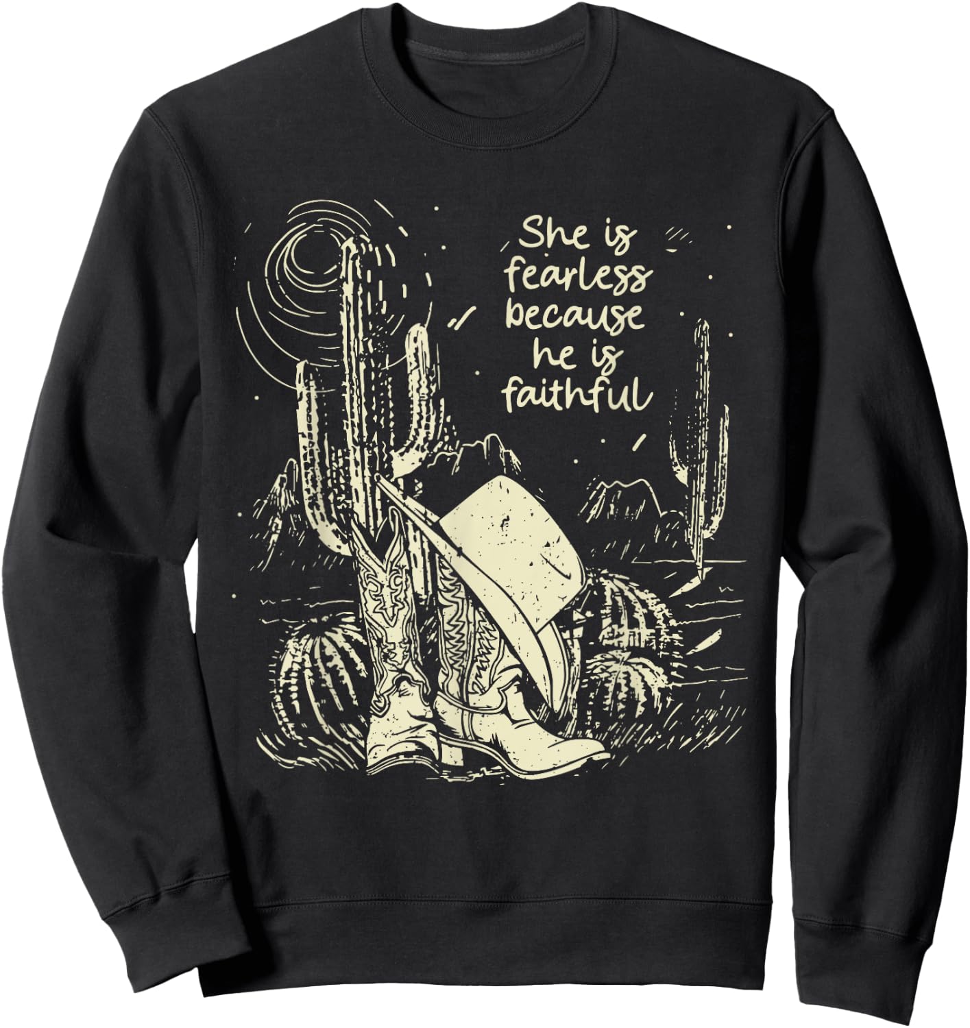 She Is Fearless Because He Is Faithful Boot Cowgirl Sweatshirt - Sweatshirt | Black