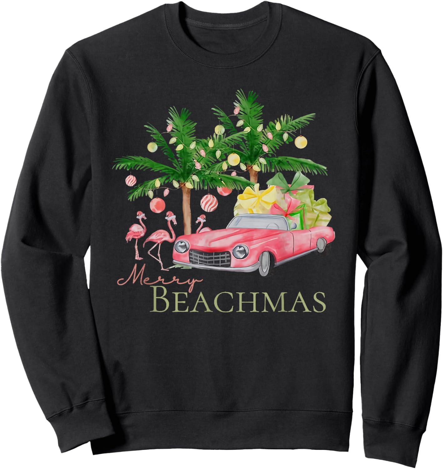 Merry Beachmas Tropical Christmas Santa Flamingo Hawaii Men Women Sweatshirt - Sweatshirt | Black