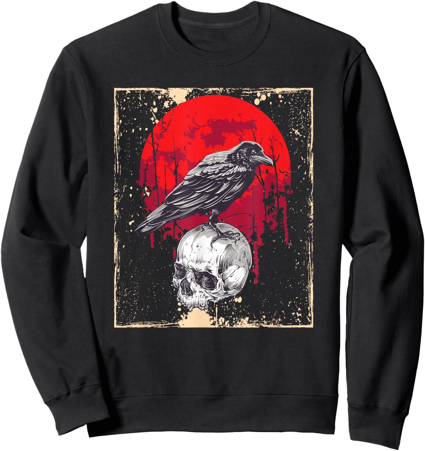 Gothic Raven Skull Red Moon Black Crow Sweatshirt - Sweatshirt | Black
