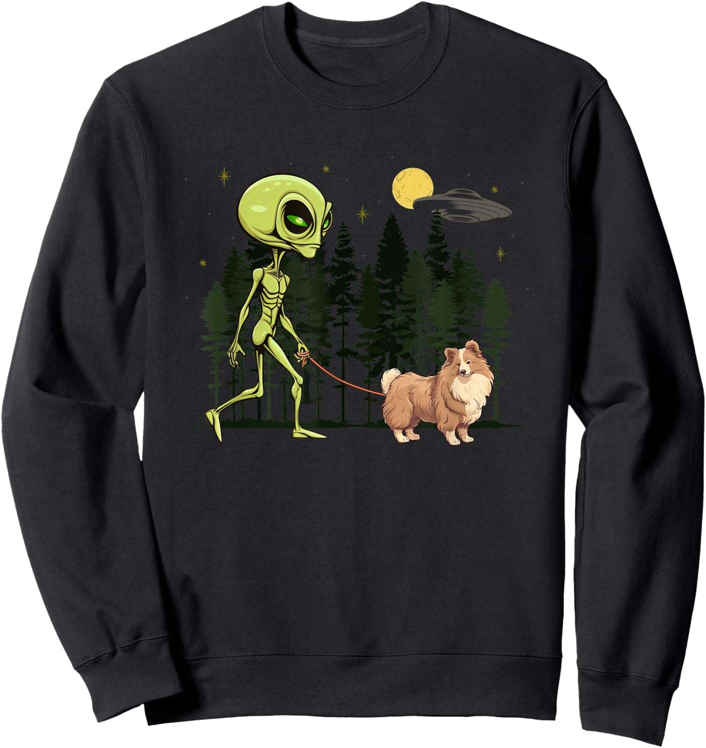 Funny Shetland Sheepdog Sheltie Alien Walking UFO Pet Dog Women Kids Sweatshirt - Sweatshirt | Black